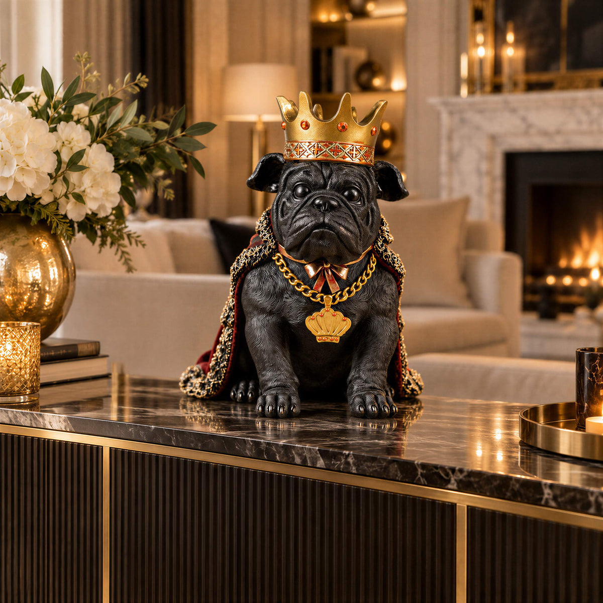 Bulldogge Figur mit Krone Urban Royals Deko Hundefigur handbemalt schwarz oder gold