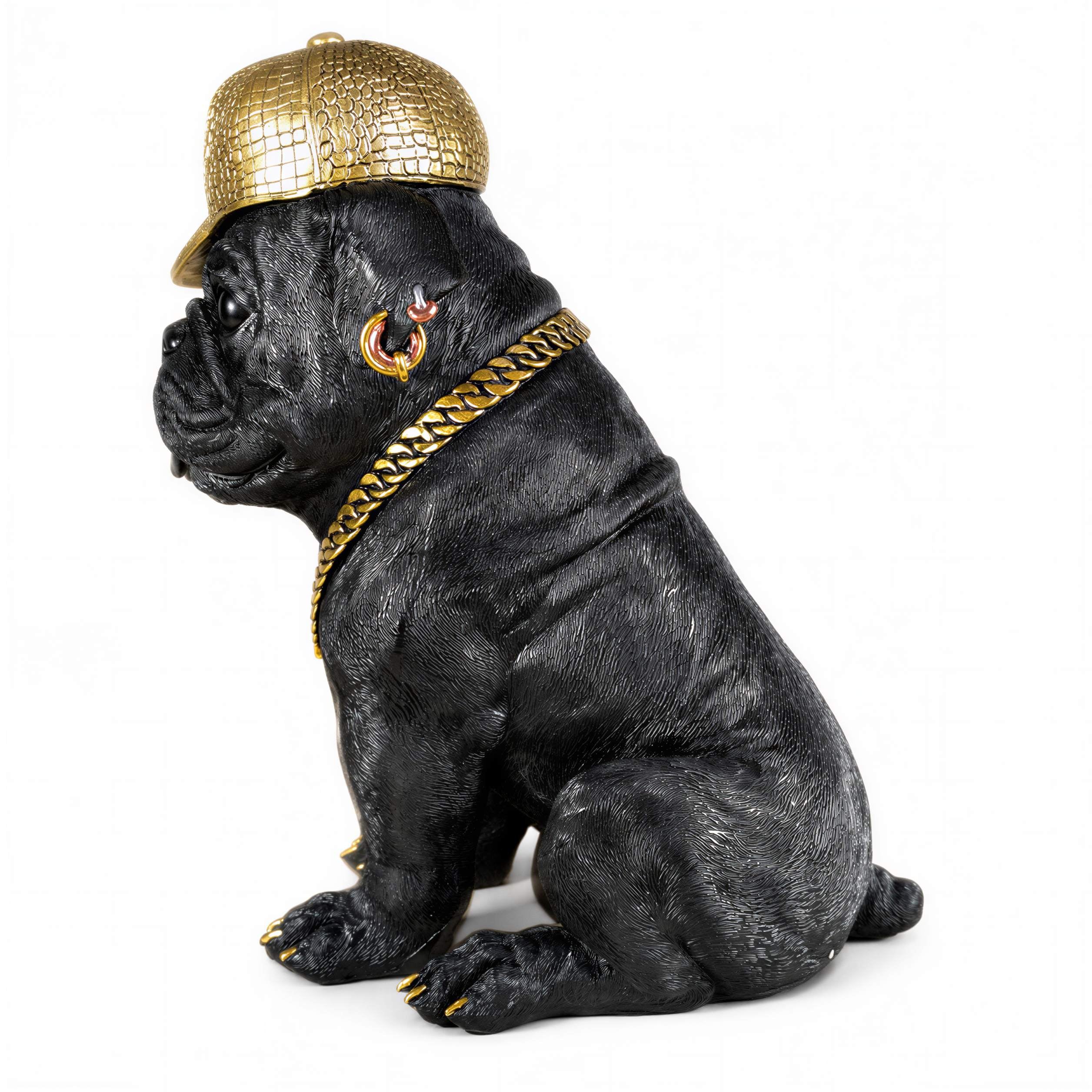 Bulldogge Figur mit Cap Hunde Figur schwarz gold