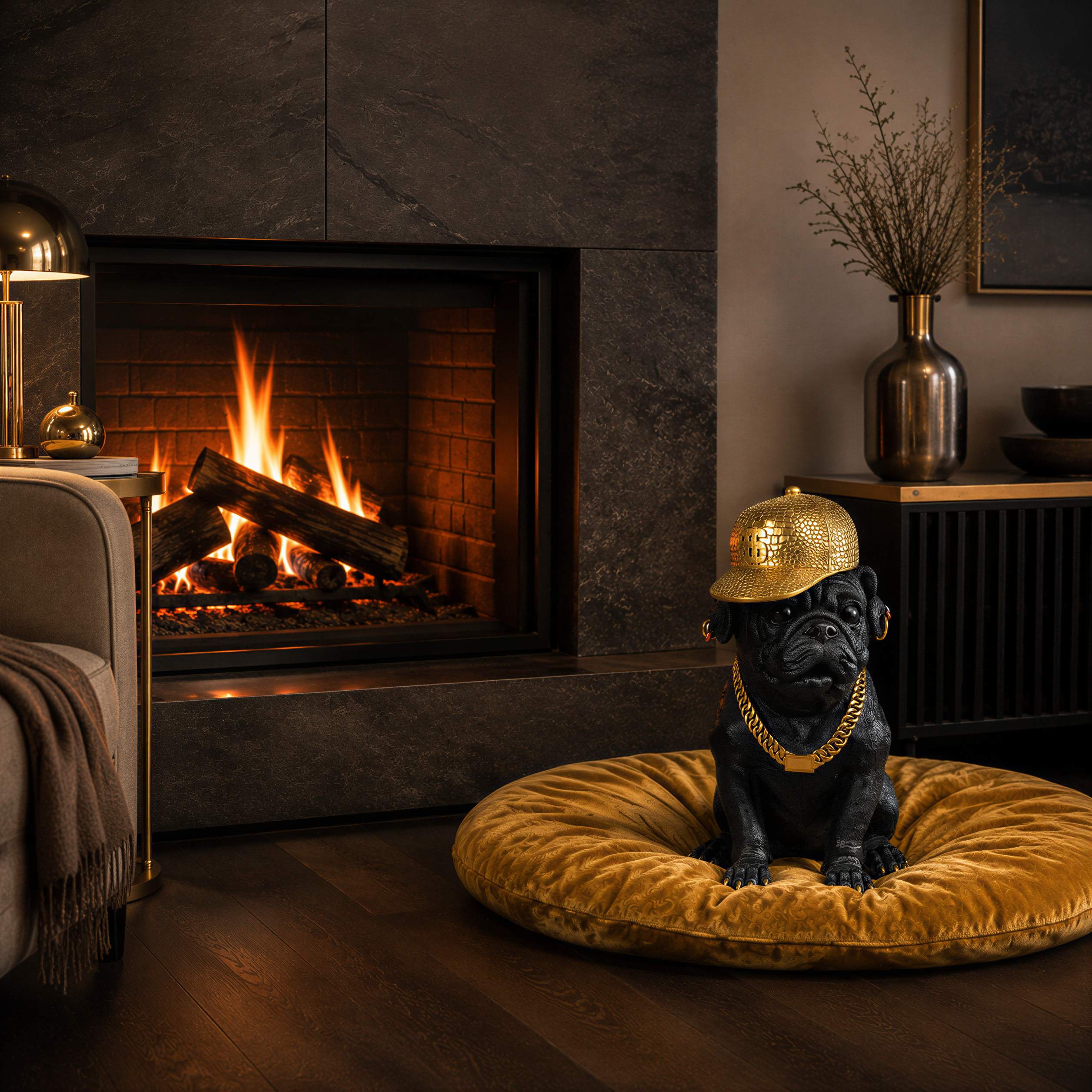 Bulldogge Figur mit Cap Hunde Figur schwarz gold