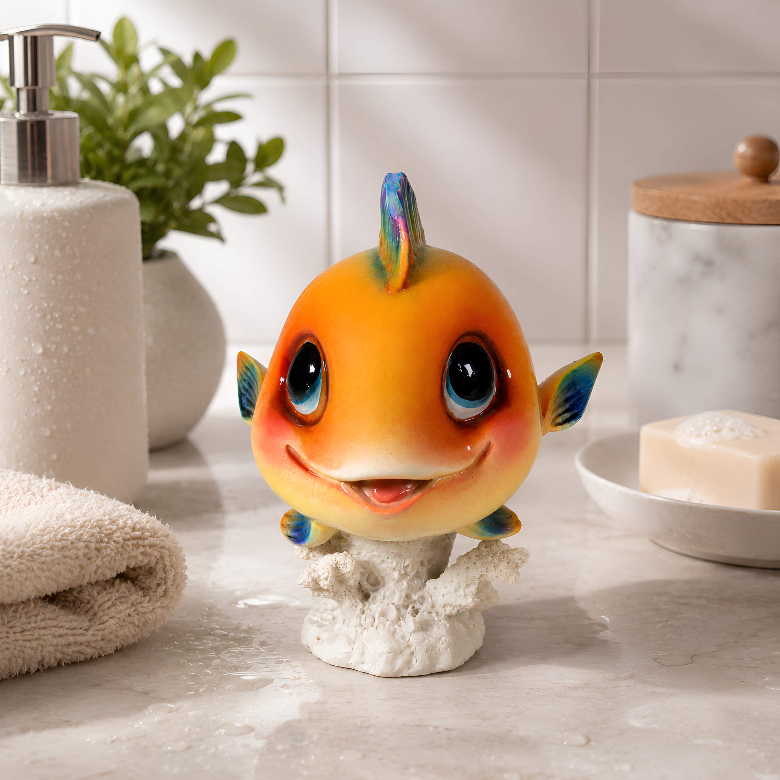Fisch Figur glänzend Blau & Orange für maritime Deko innen und außen