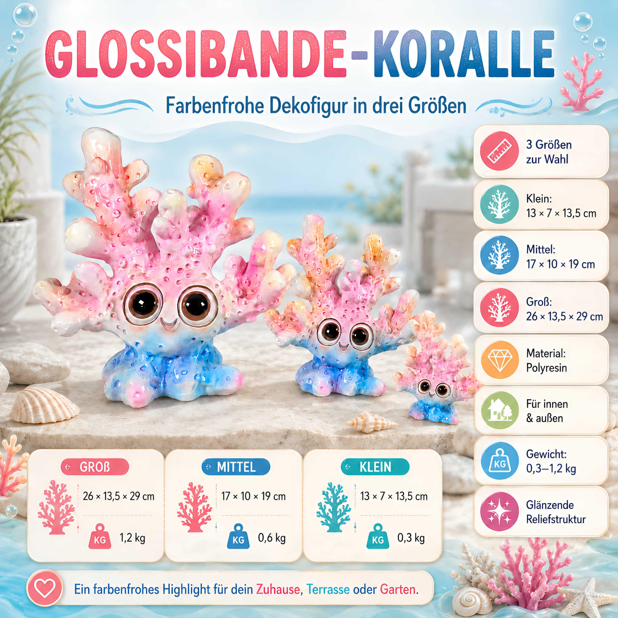 Koralle Figur glänzend Blau-Rosa & Orange in 3 Größen für maritime Deko