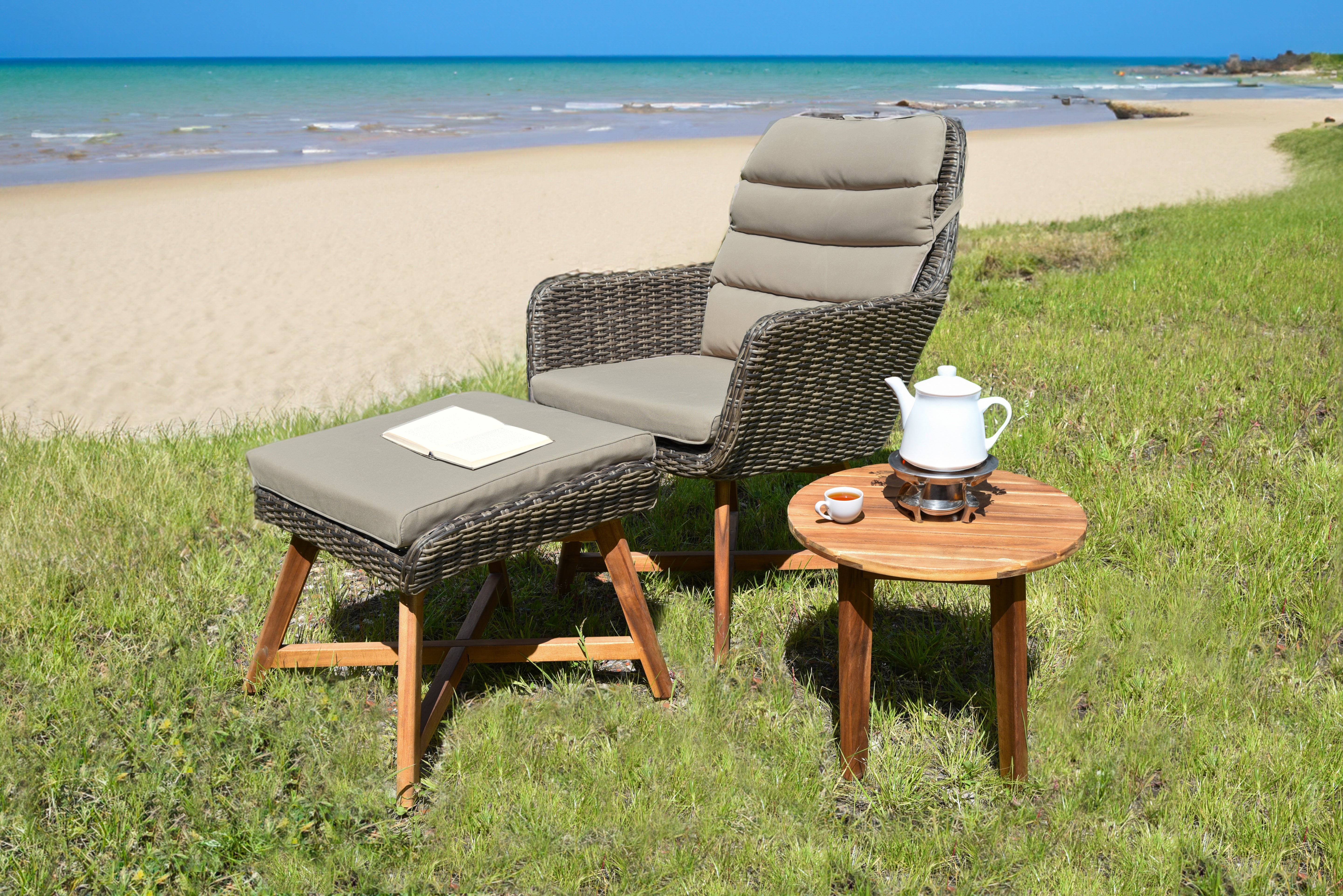 Loungeset CALVIA 3-teilig Sessel Hocker Tisch Polyrattan Akazie coffee Garden Pleasure