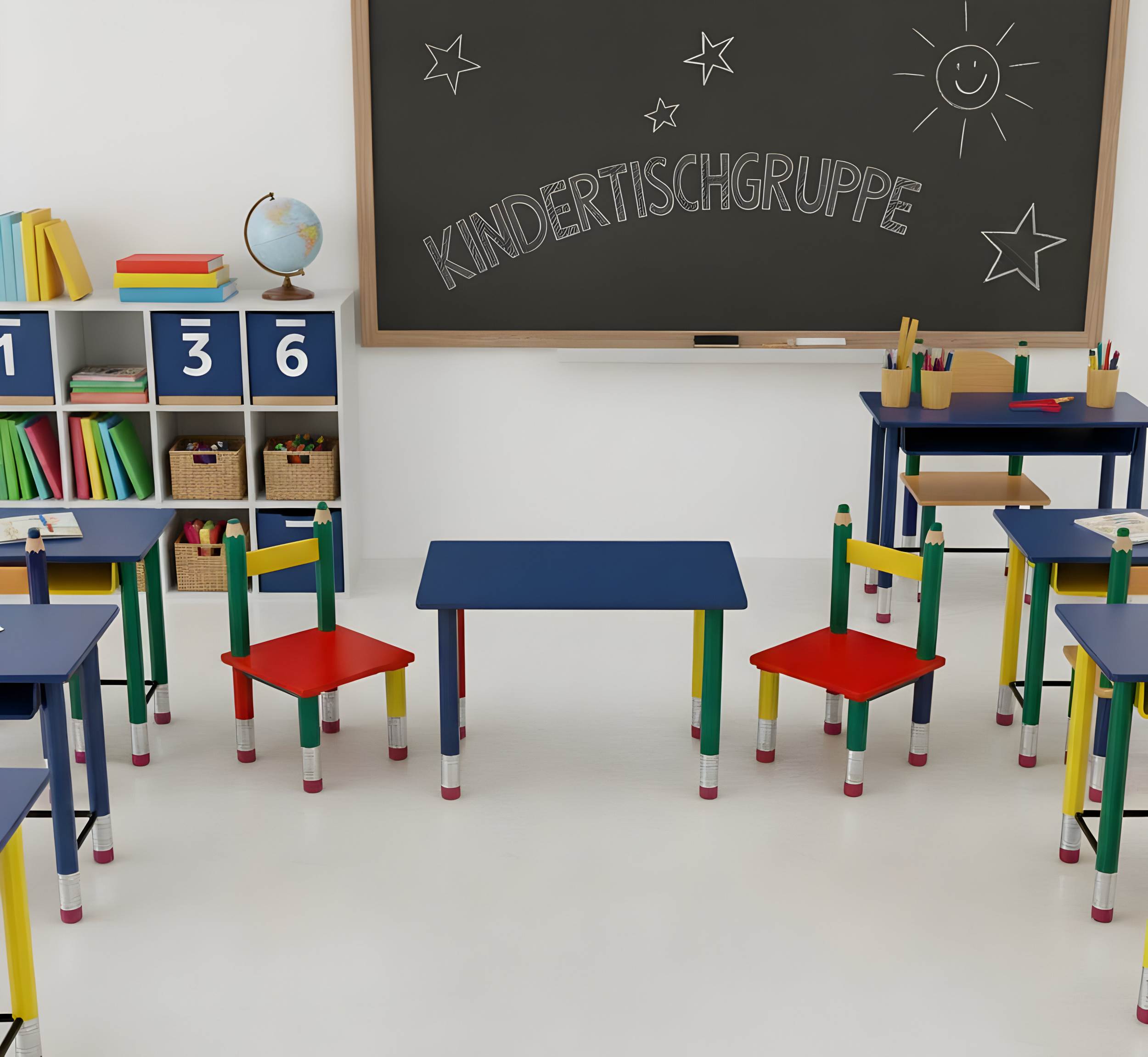 Kindertischgruppe Bleistift bunt – farbenfrohe Kindermöbel aus Holz mit Tisch und zwei Stühlen