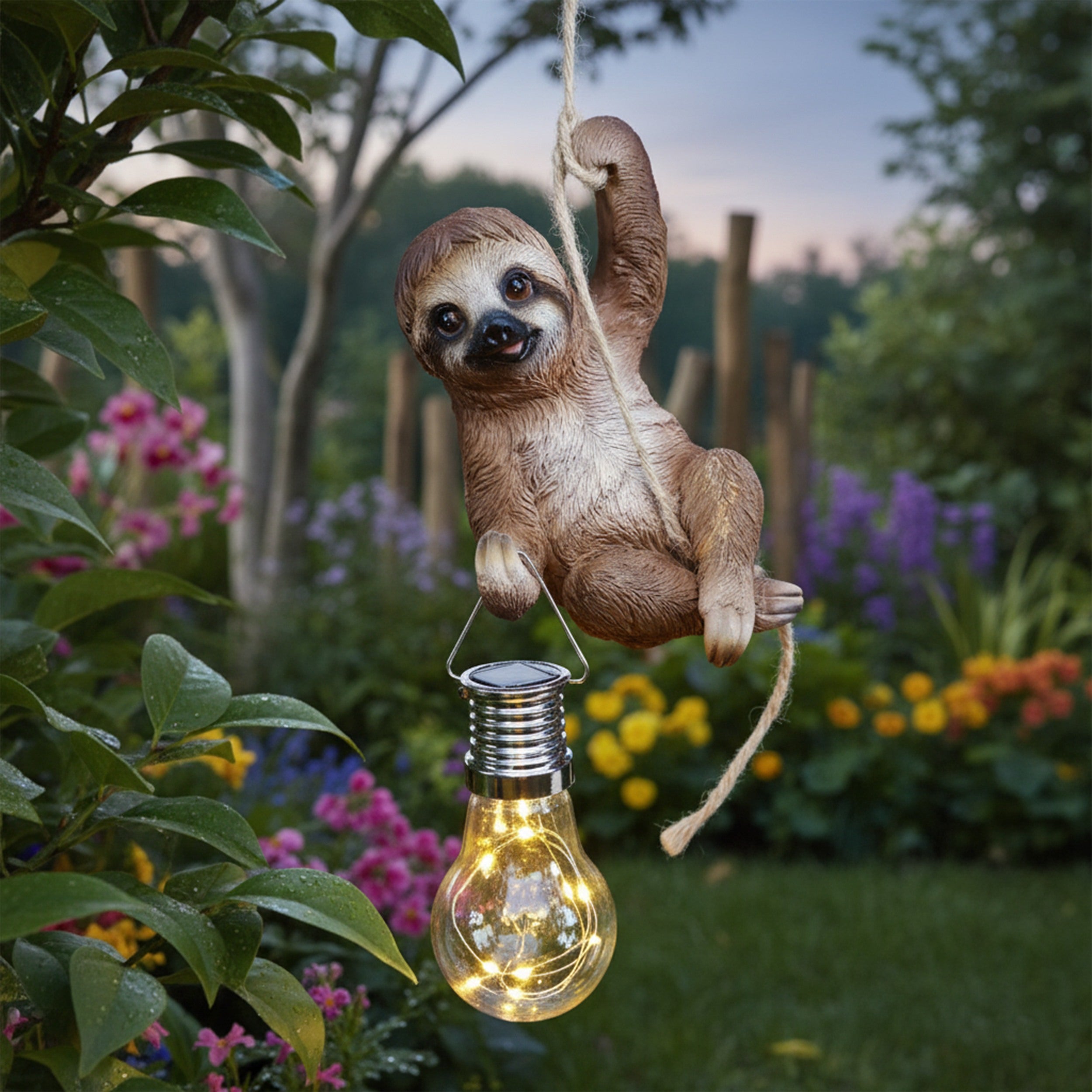 Faultier Figur mit Solarlampe - Faultier Deko als Gartenfigur zum Aufhängen