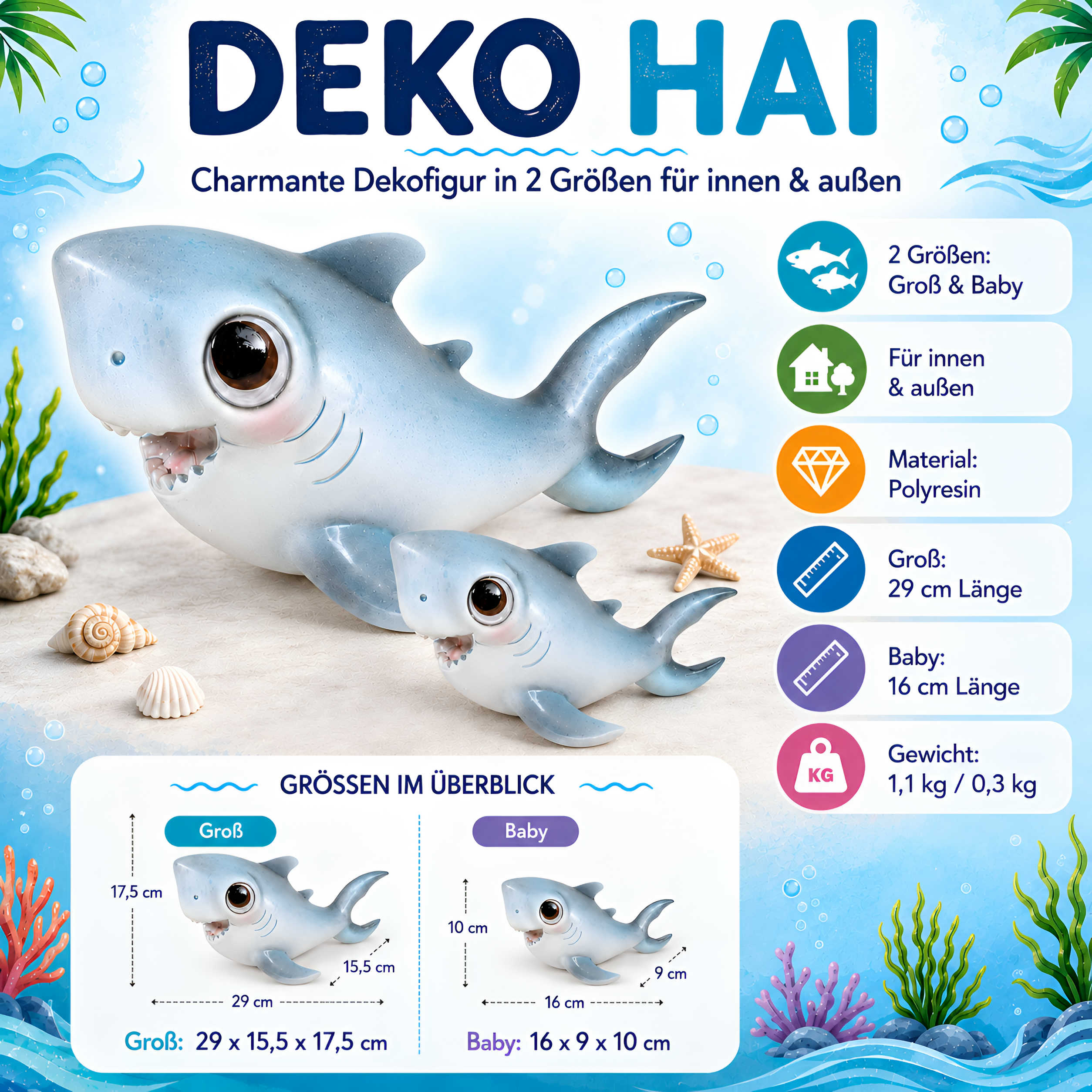 Hai Figur glänzend Baby & Groß für maritime Deko innen und außen