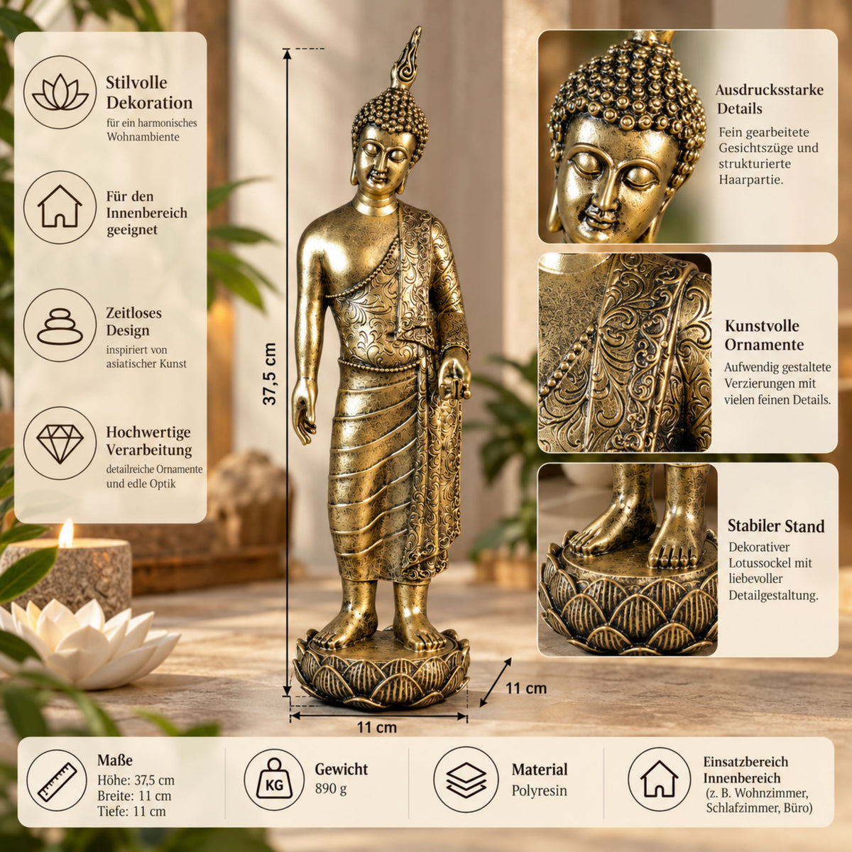 Buddha Figur stehend Gold Deko Buddha Skulptur für Wohnzimmer und Meditationsecke