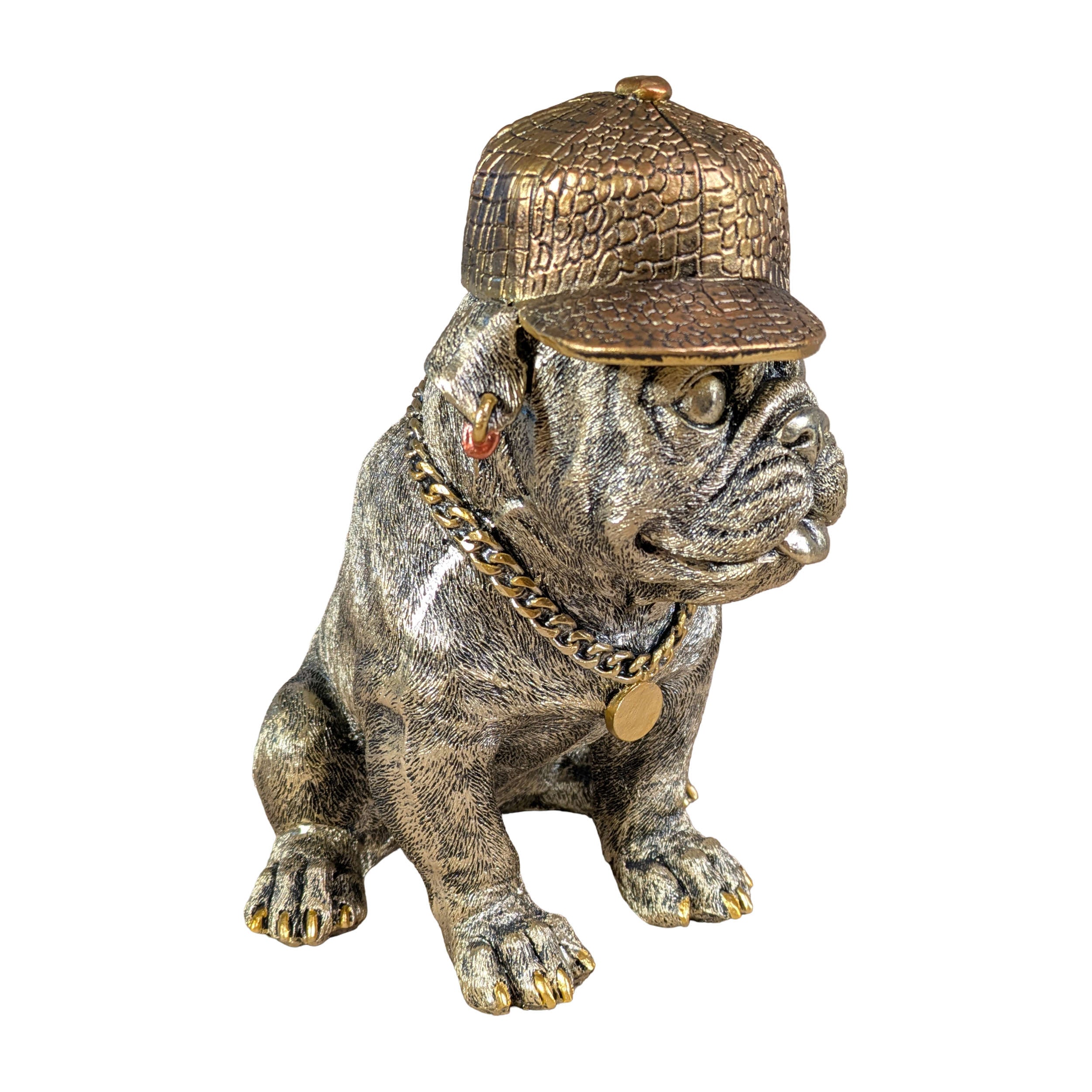 Hundefigur mit Cap Bulldogge Figur goldfarben Dekofigur