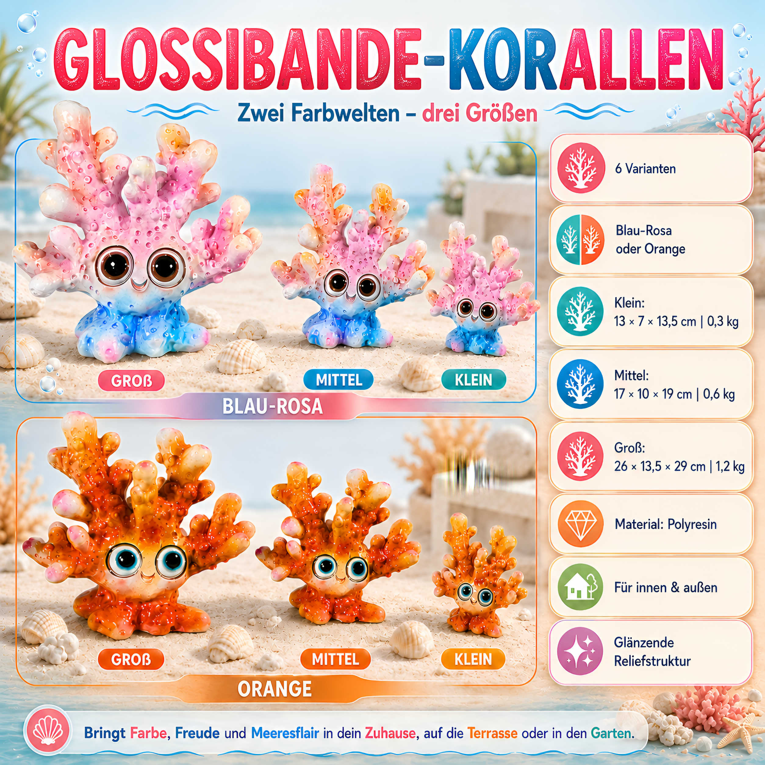 Koralle Figur glänzend Blau-Rosa & Orange in 3 Größen für maritime Deko