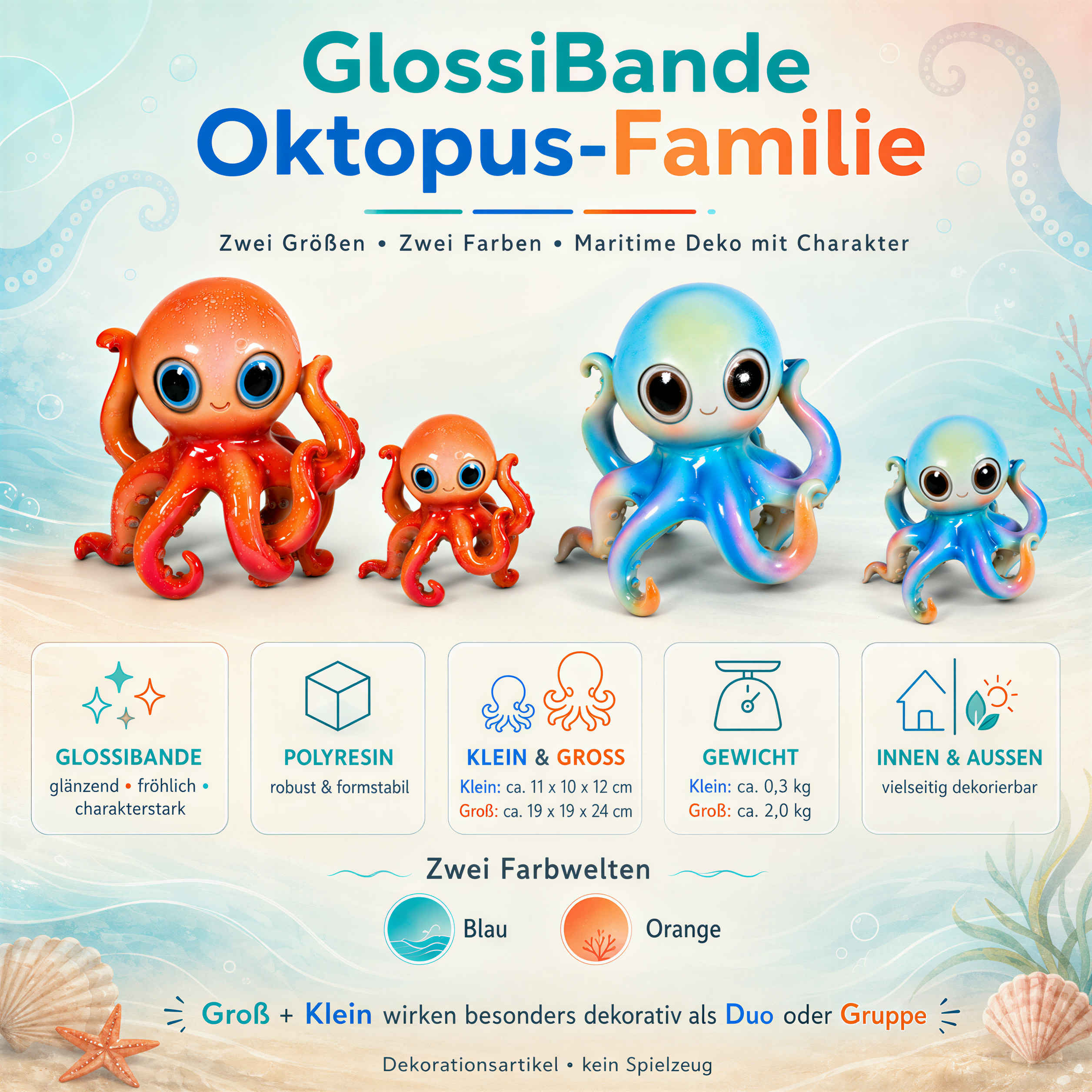 GlossiBande Oktopus Figur glänzend Deko Oktopus Krake in 2 Größen und Farben