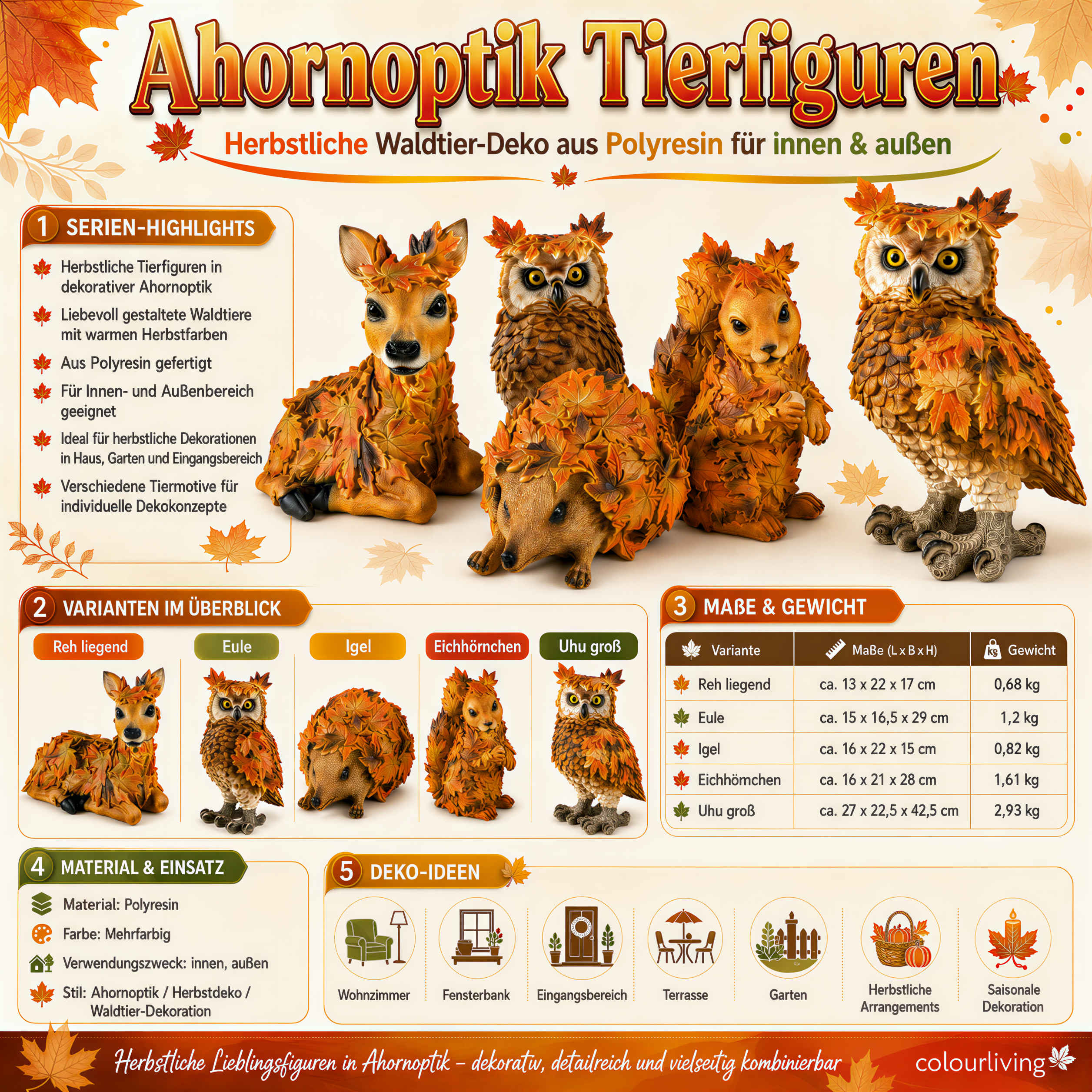 Tierfiguren Eule Reh Igel Eichhörnchen Figur mit Blätterdeko für Haus und Garten