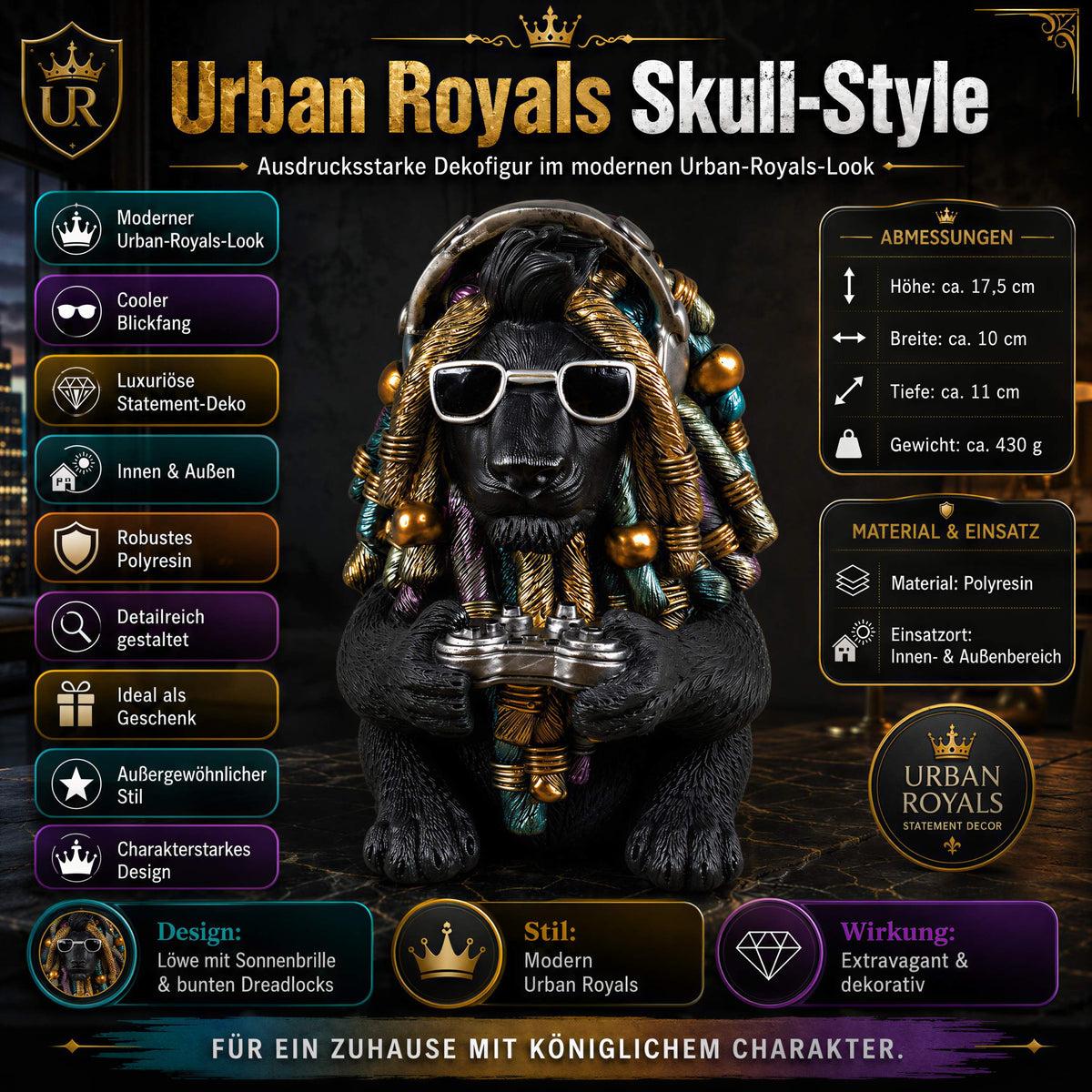 Löwe Figur Urban Royals mit Dreadlocks Controller Kopfhörer Geschenk für Gamer