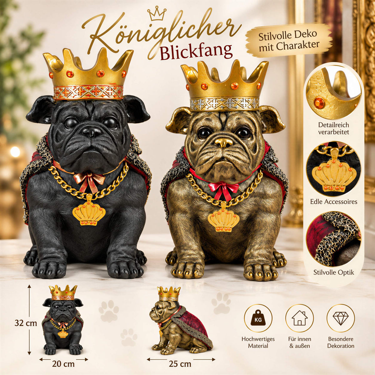 Bulldogge Figur mit Krone Urban Royals Deko Hundefigur handbemalt schwarz oder gold