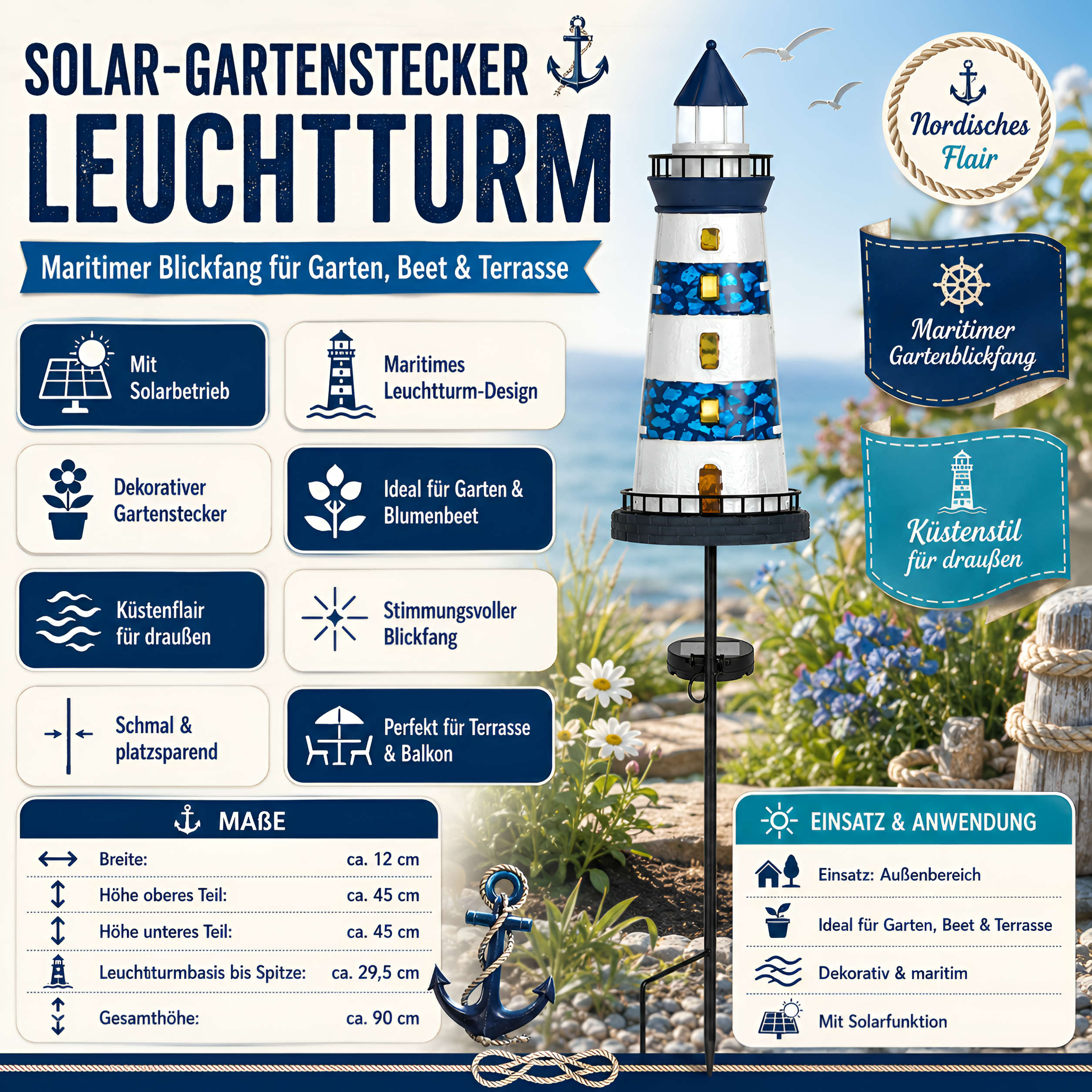 LED Solar Gartenstecker maritime Deko Leuchtturm Segelboot für Garten & Beet