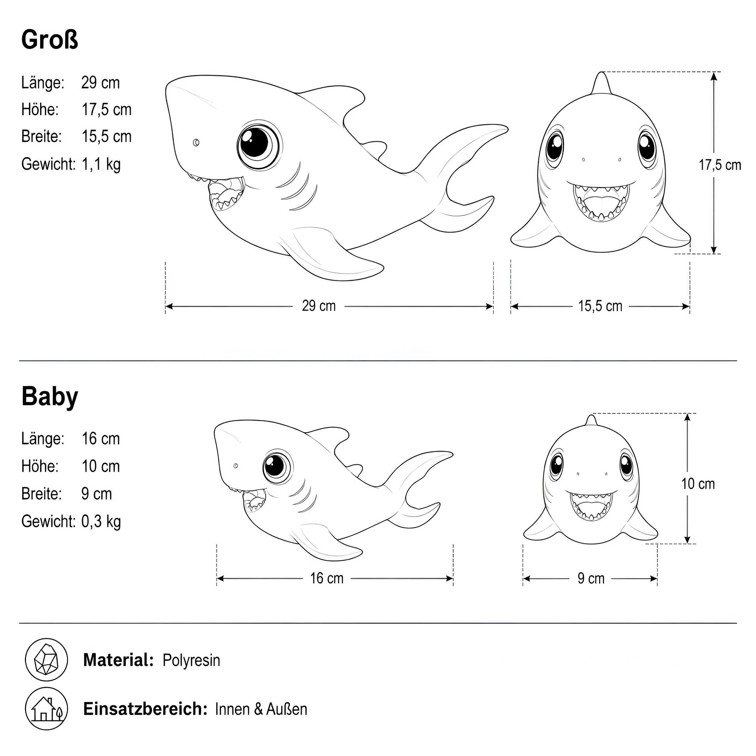 Hai Figur glänzend Baby & Groß für maritime Deko innen und außen
