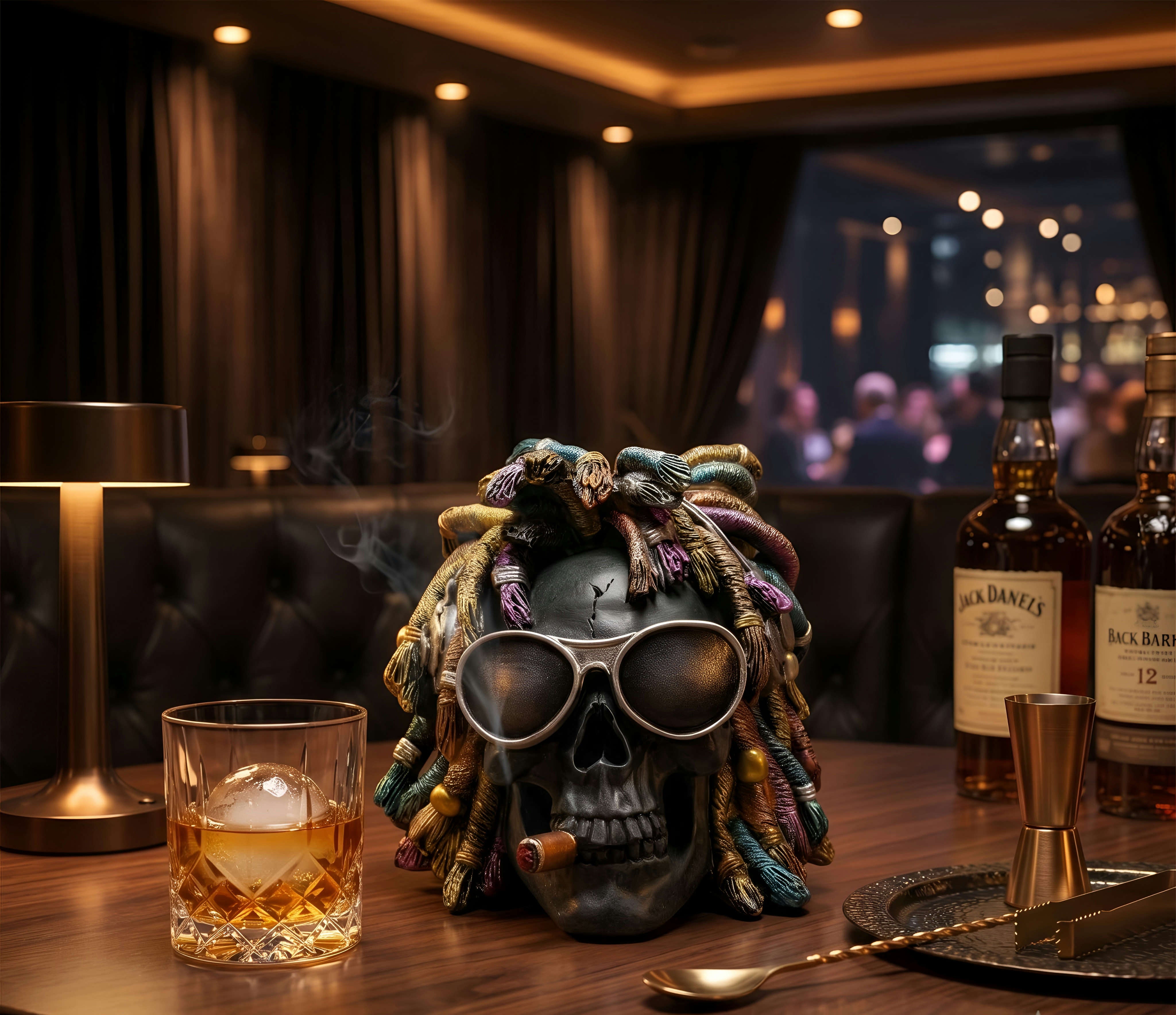 Schädel Deko Rasta Totenkopf Figur mit Sonnenbrille & Dreadlocks