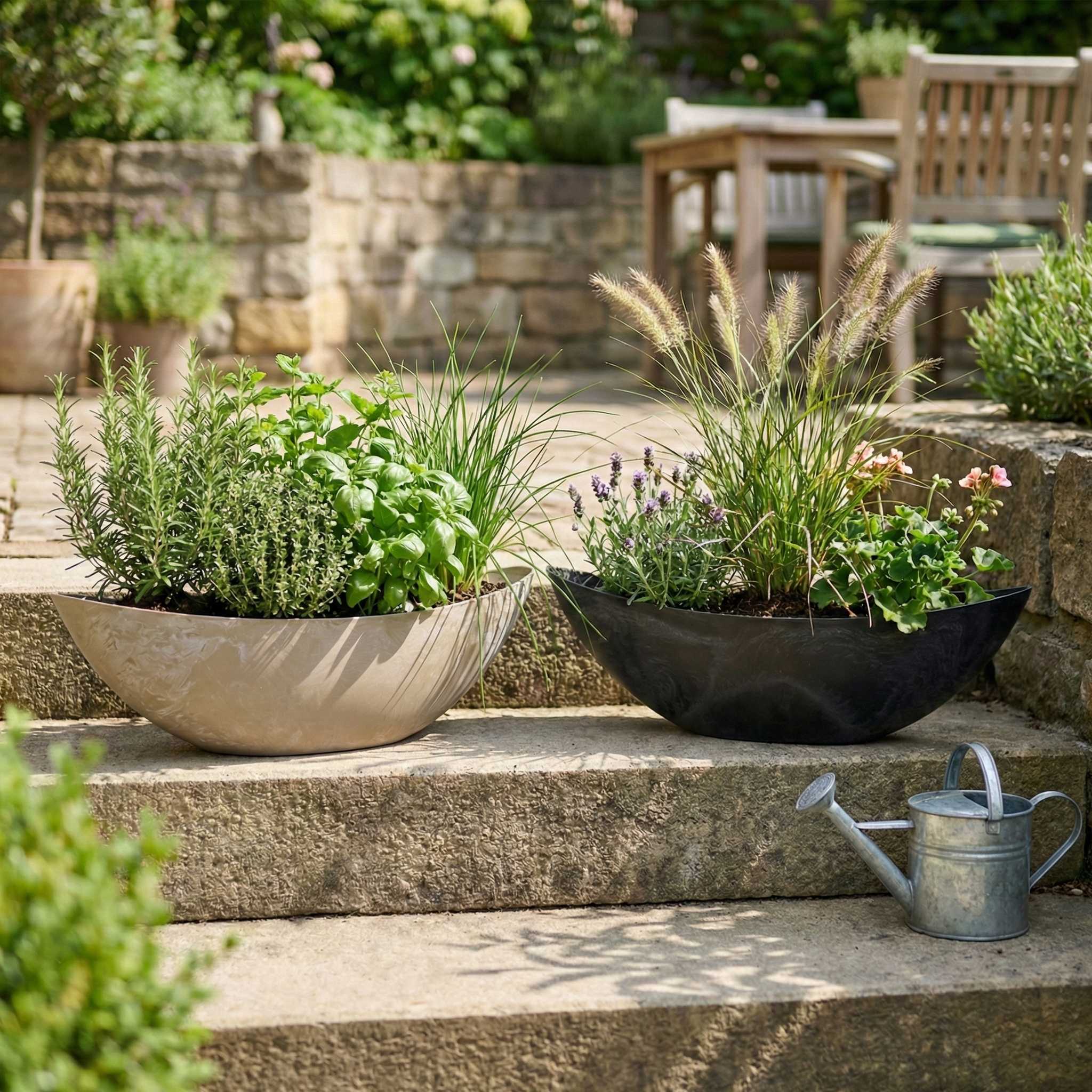 Pflanzschale „Boat“ aus recyceltem Kunststoff – Blumentopf länglich in Anthrazit oder Sand