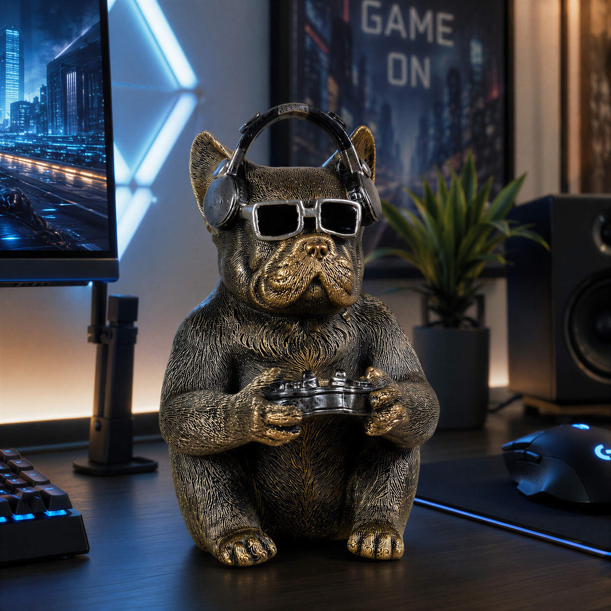 Gamer Hund Figur Urban Royals Hundefigur mit Controller Kopfhörer Gaming Deko