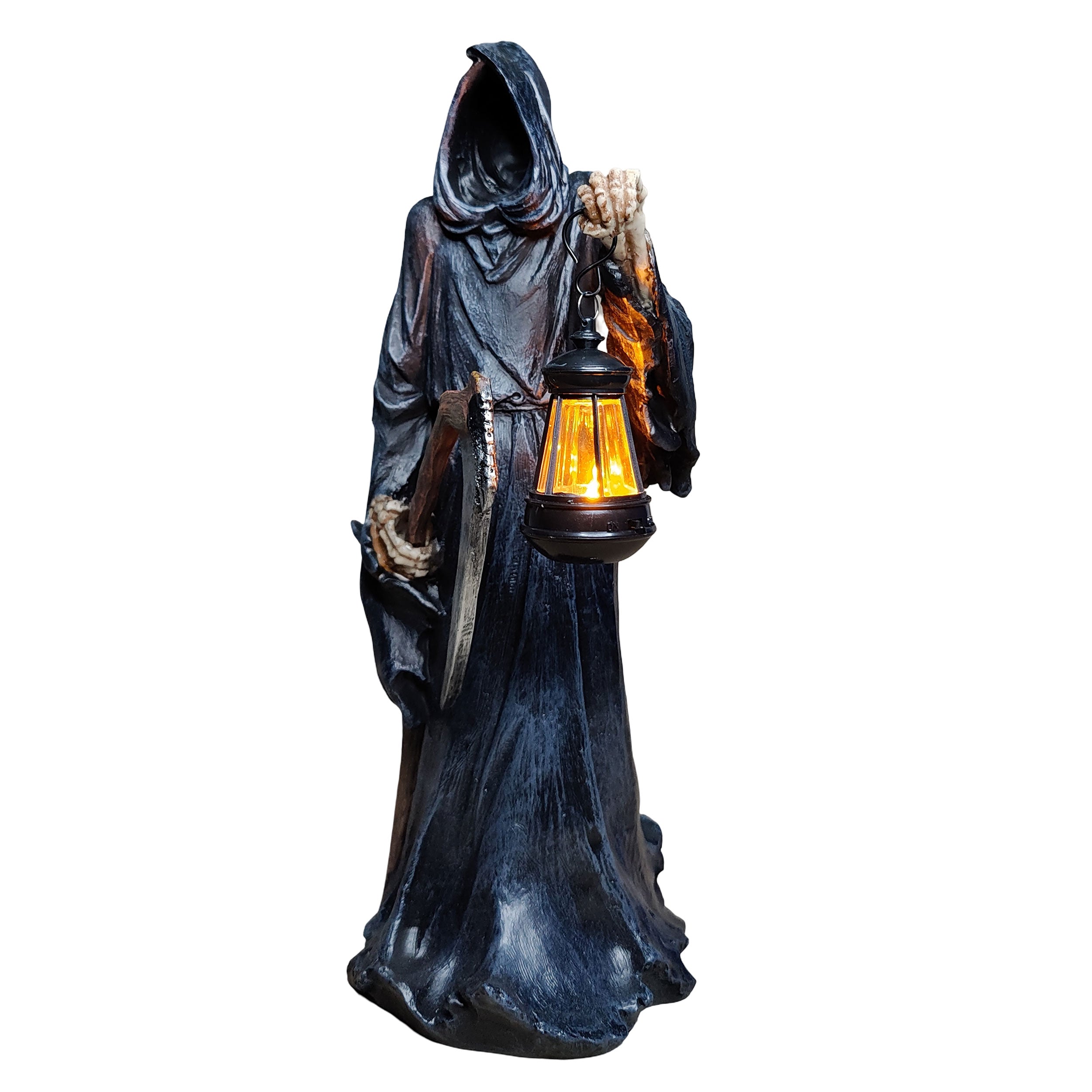 Deko Figur Der Tod mit LED Laterne – Halloween Dekofigur aus Polyresin, handbemalt, stimmungsvolle Herbstdeko für Innen