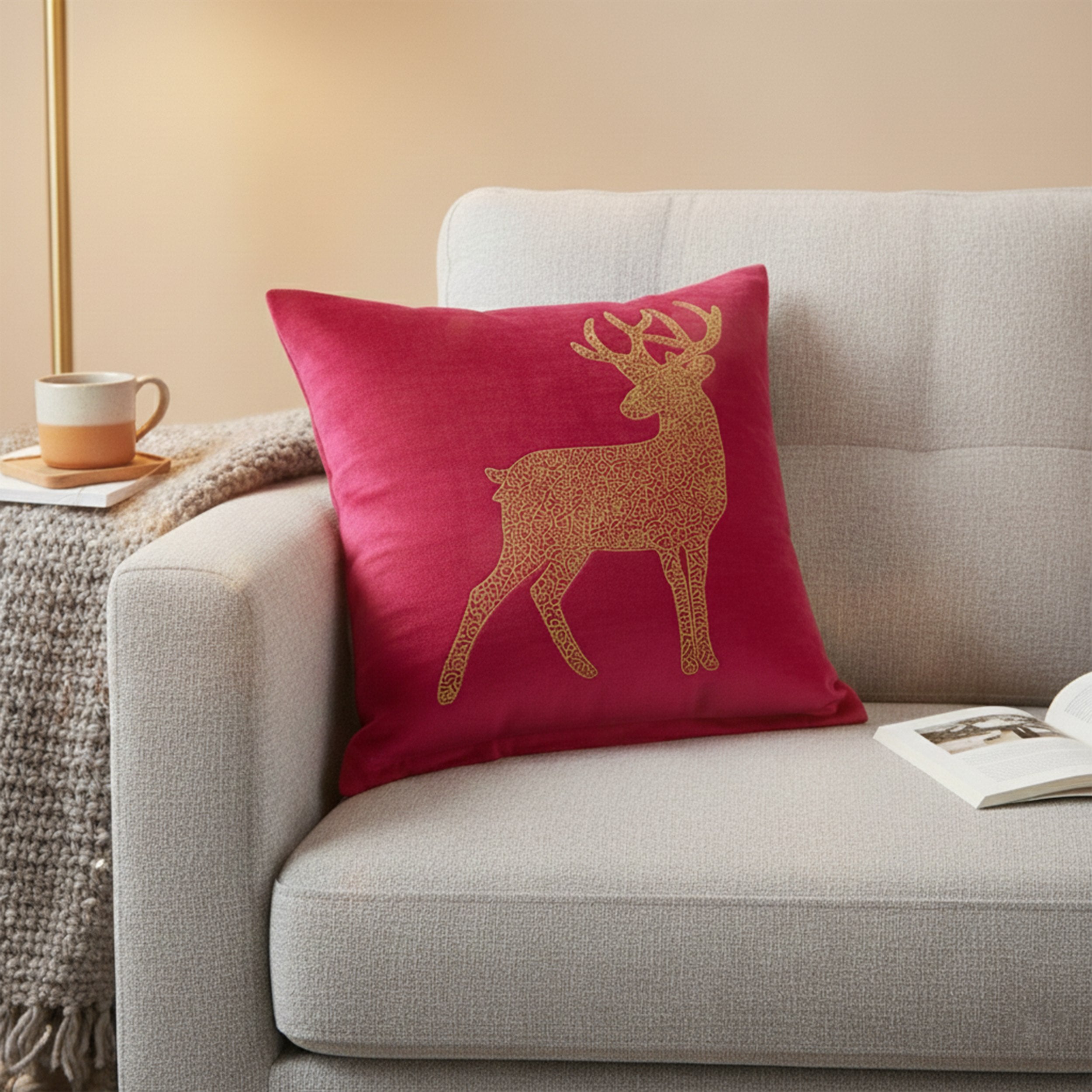 Samtkissen Hirschmotiv 45 x 45 cm - Dekokissen Sofakissen Kissen mit Füllung für Sofa & Couch