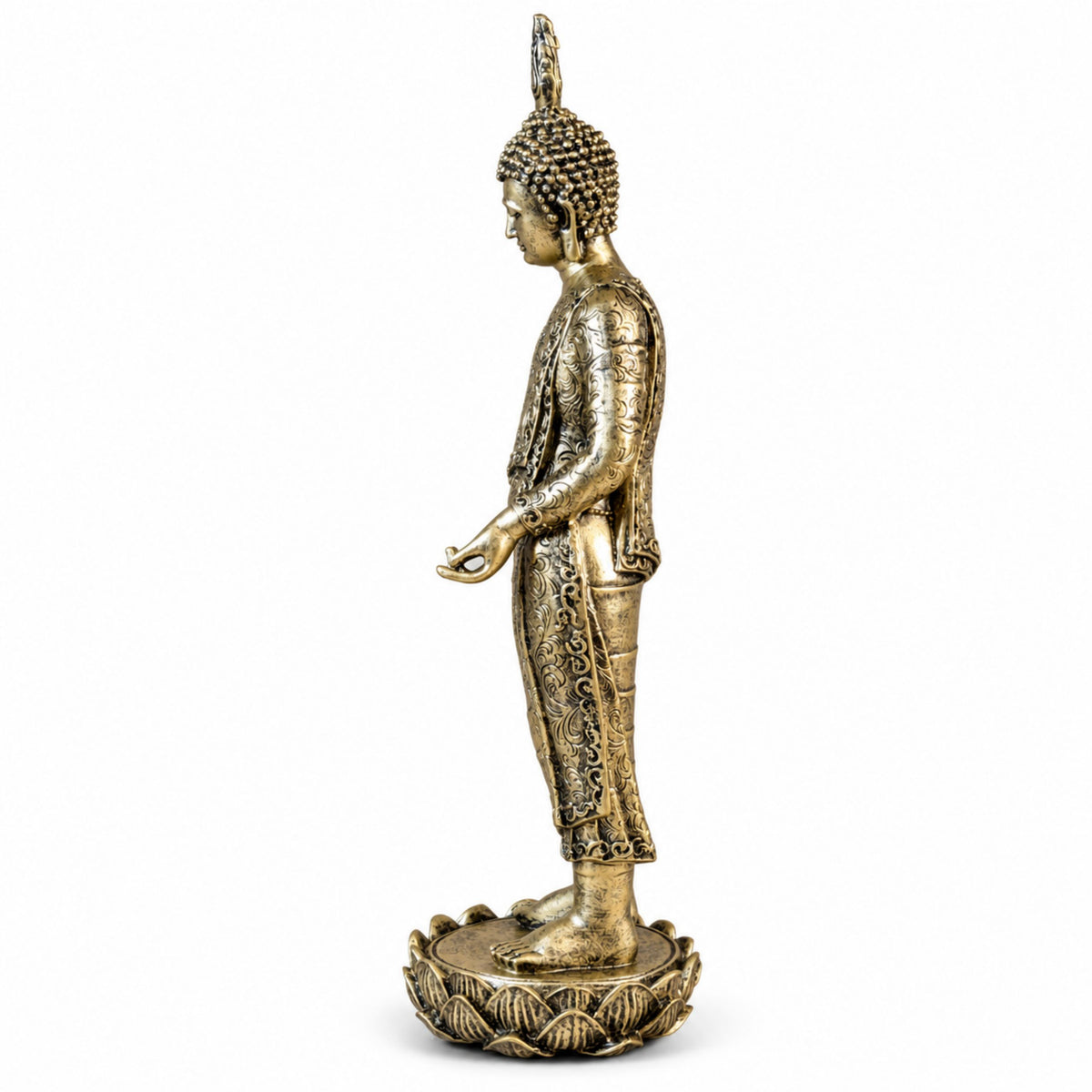 Buddha Figur stehend Gold Deko Buddha Skulptur für Wohnzimmer und Meditationsecke