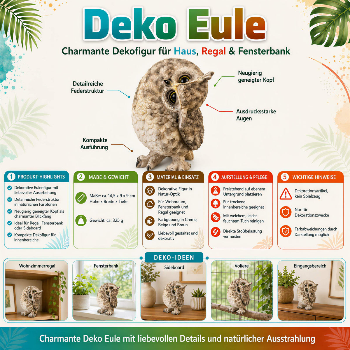 Deko Eule Eulenfigur naturgetreu für Regal Fensterbank und Wohnraum