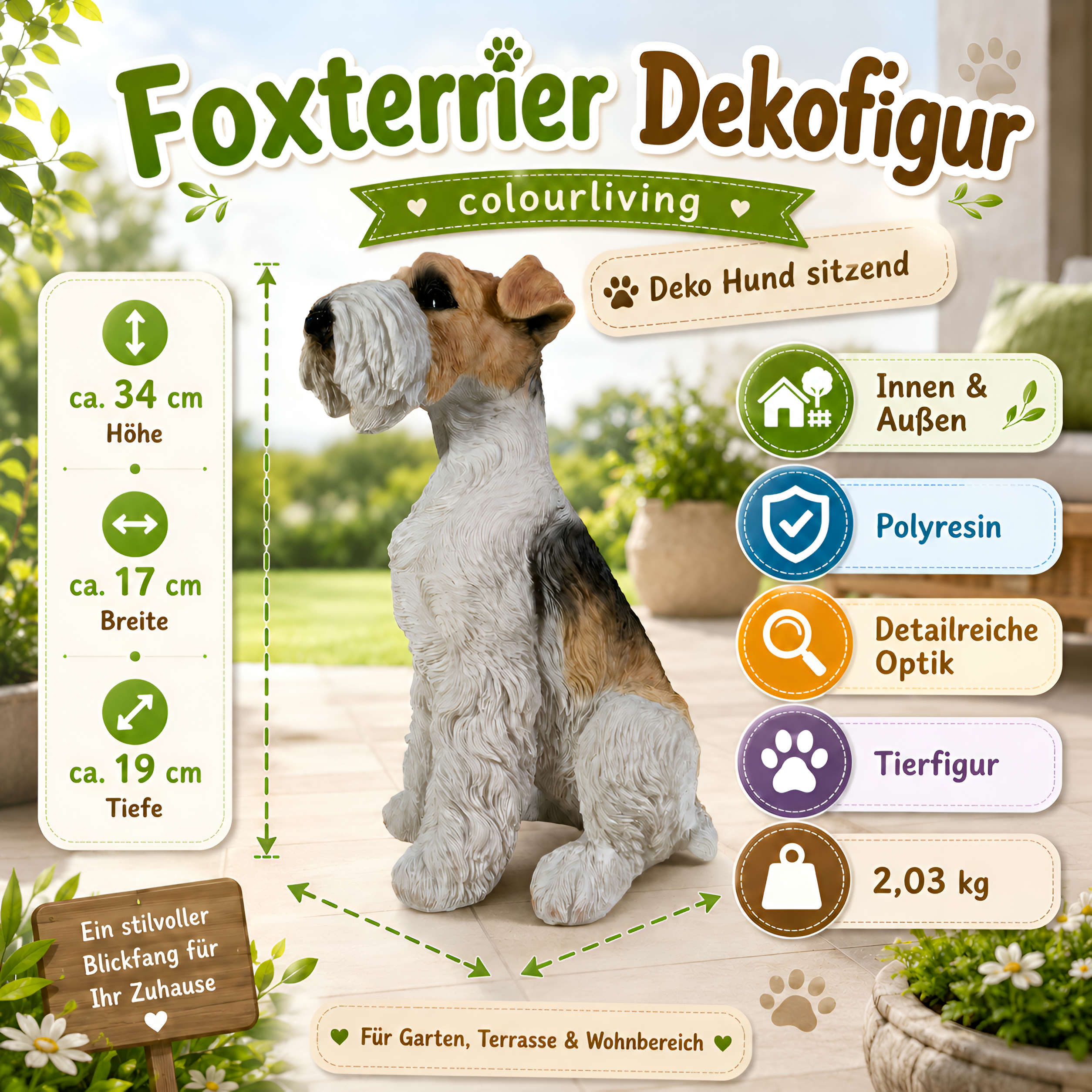 Hundefigur Foxterrier Figur Hund Deko Hund Hundefigur Garten lebensecht