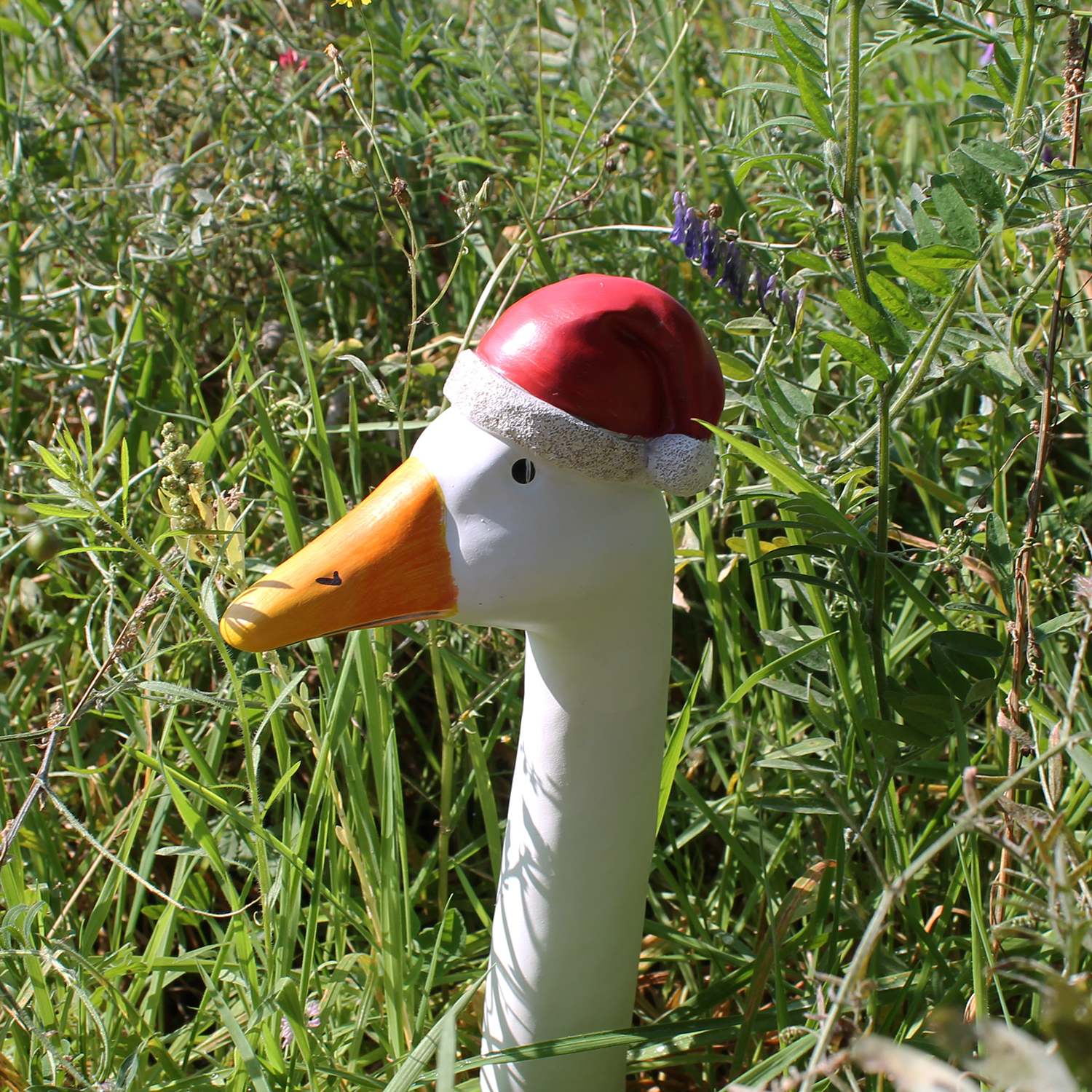 Gartenfigur Gans "Santa" mit Weihnachtsmütze Gänsehals Gänsekopf Gartenstecker Lustige Deko Gänse für den Garten