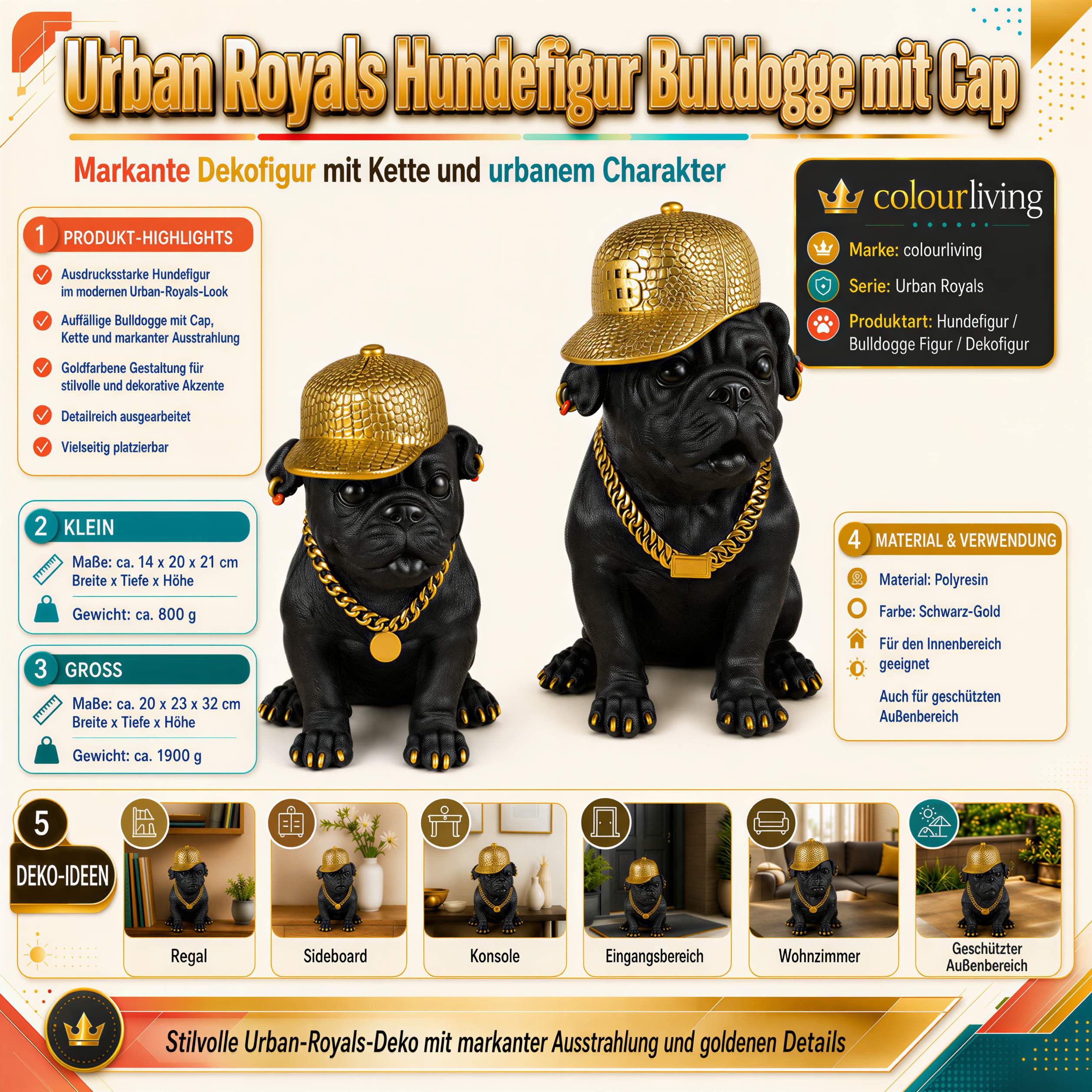 Bulldogge Figur mit Cap Hunde Figur schwarz gold