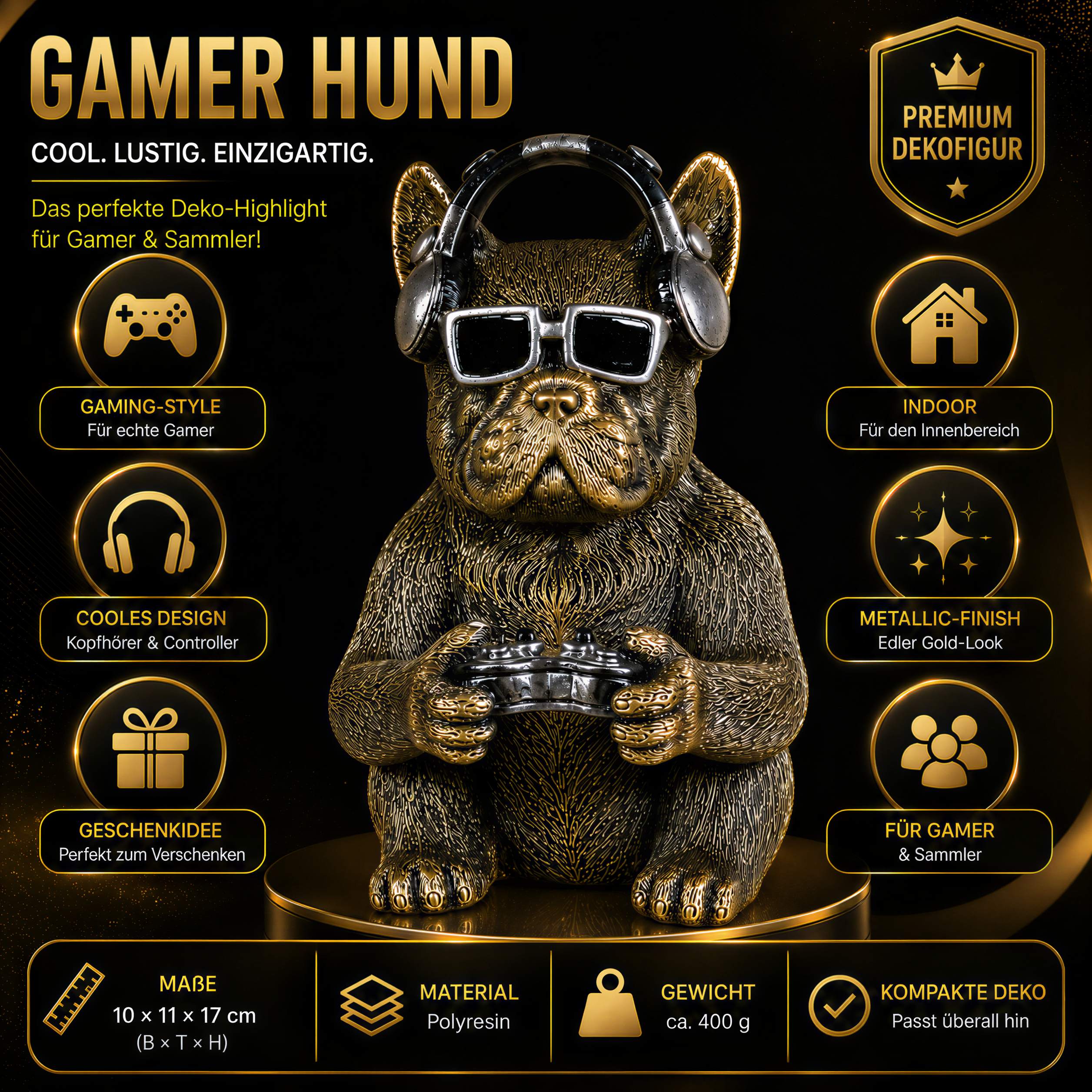 Gamer Hund Figur Urban Royals Hundefigur mit Controller Kopfhörer Gaming Deko