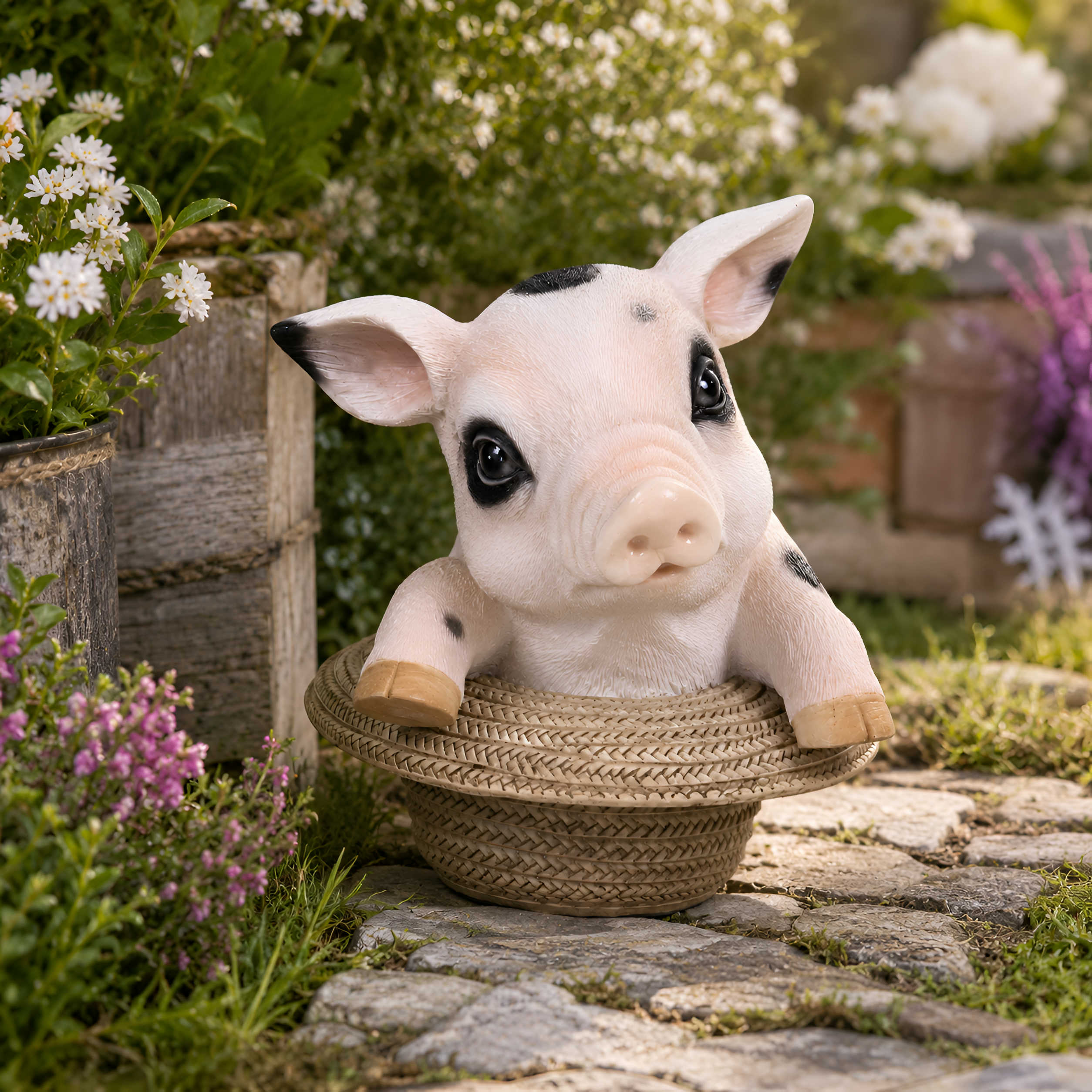 Schweine Figur Glücksschweinchen im Hut, niedliche Deko Schwein Figur für Haus & Garten