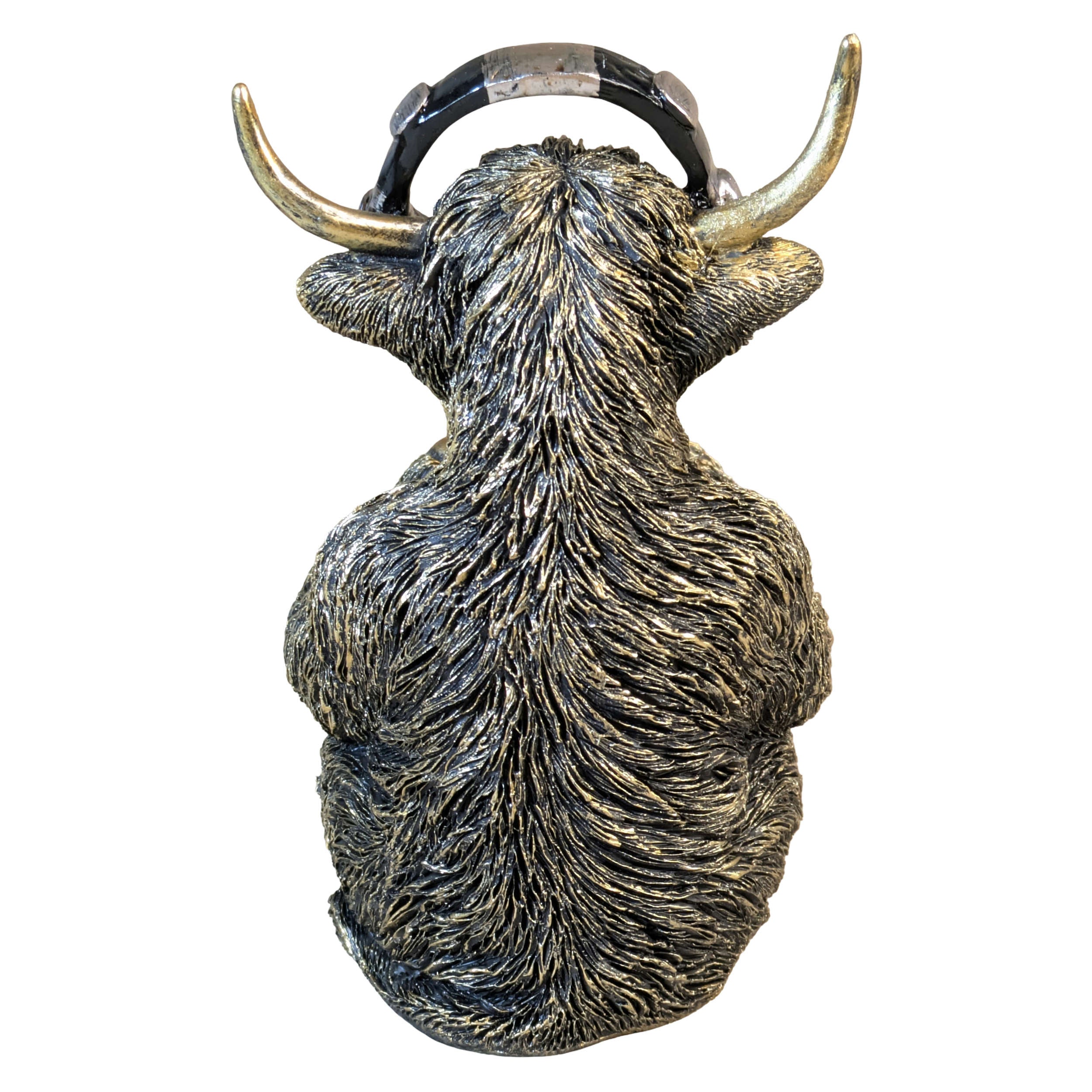 Highland Cattle Figur Gamer Deko Kuh mit Kopfhörer & Controller goldfarben