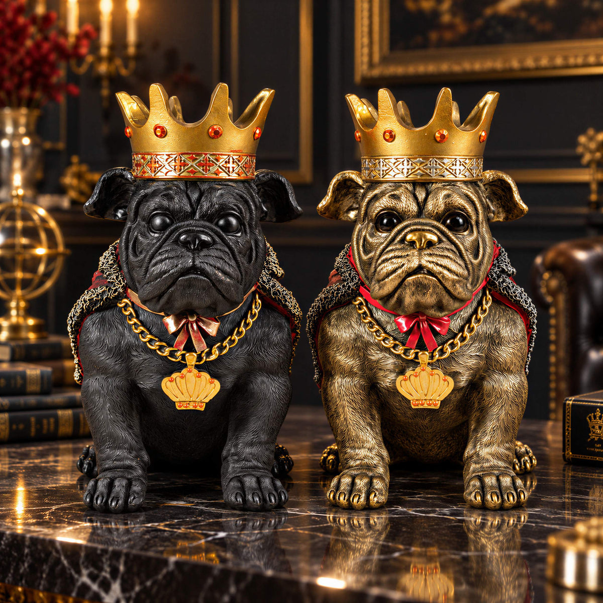 Bulldogge Figur mit Krone Urban Royals Deko Hundefigur handbemalt schwarz oder gold
