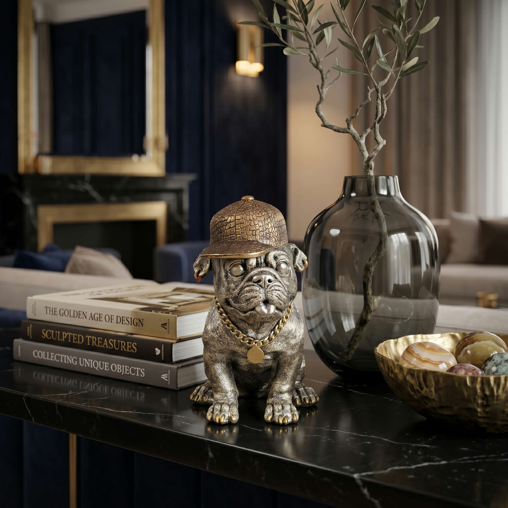 Hundefigur mit Cap Bulldogge Figur goldfarben Dekofigur