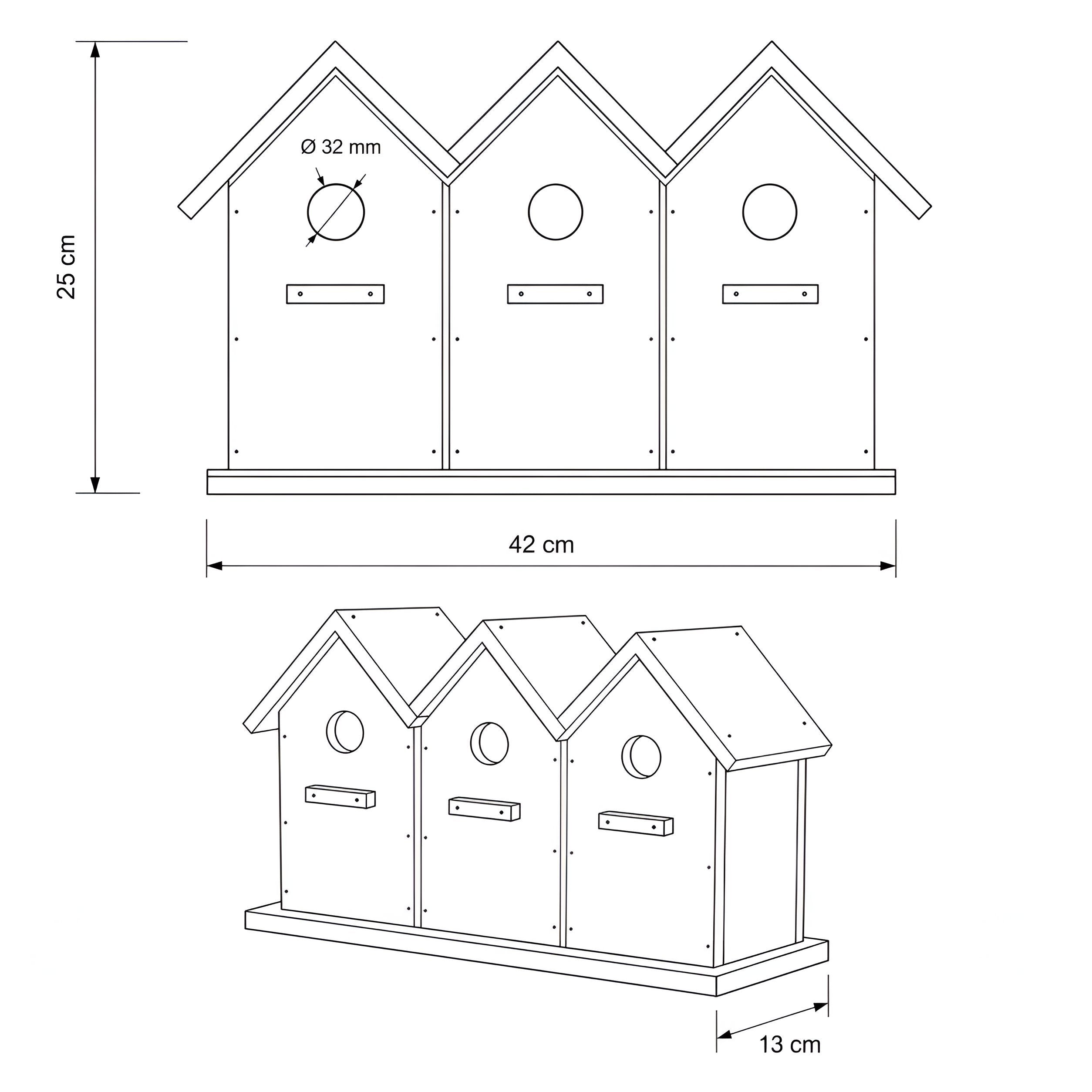 Nisthaus Vogelhaus aus Holz Birdy 3er Reihenhaus Nistkasten für Meisen Gartenvögel