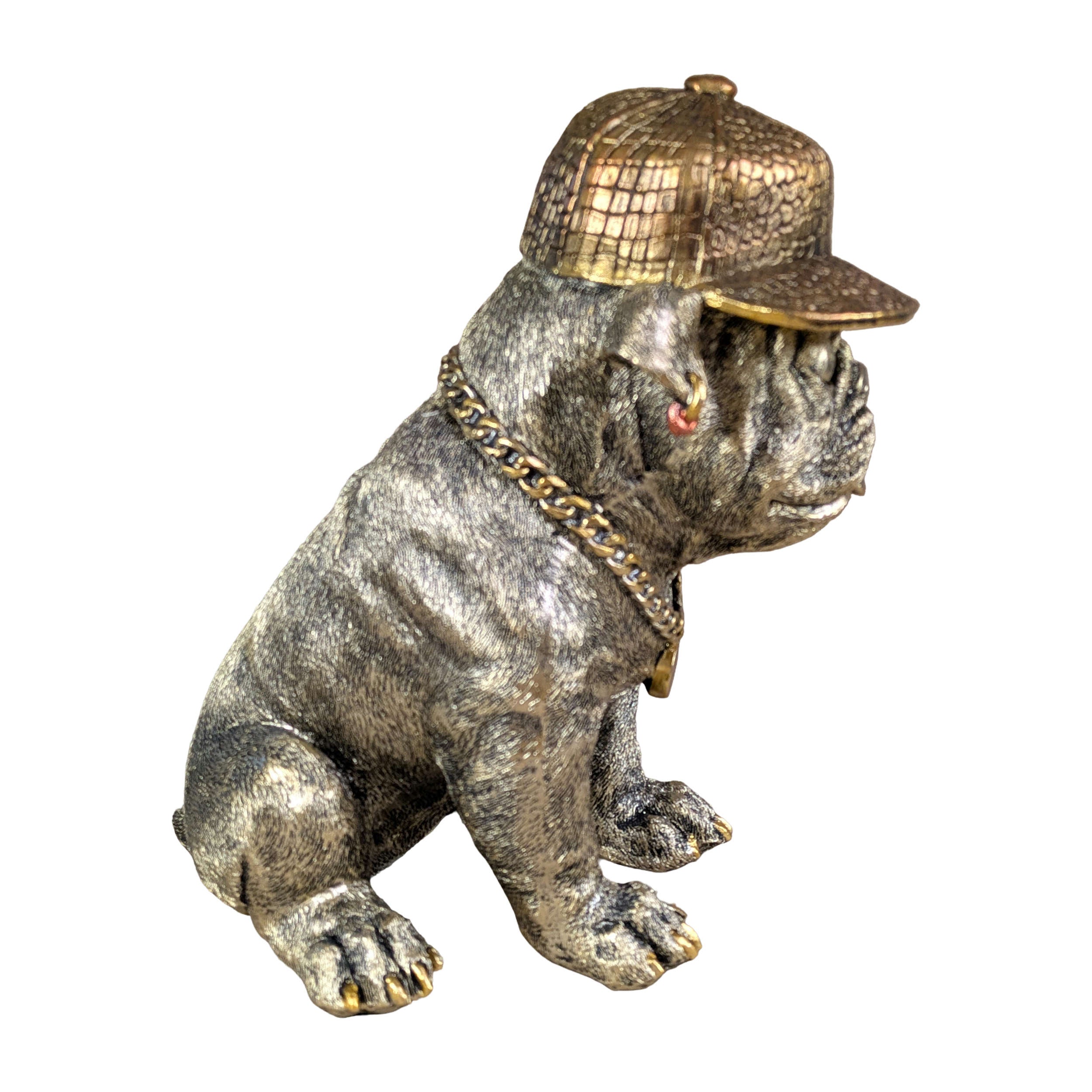 Hundefigur mit Cap Bulldogge Figur goldfarben Dekofigur