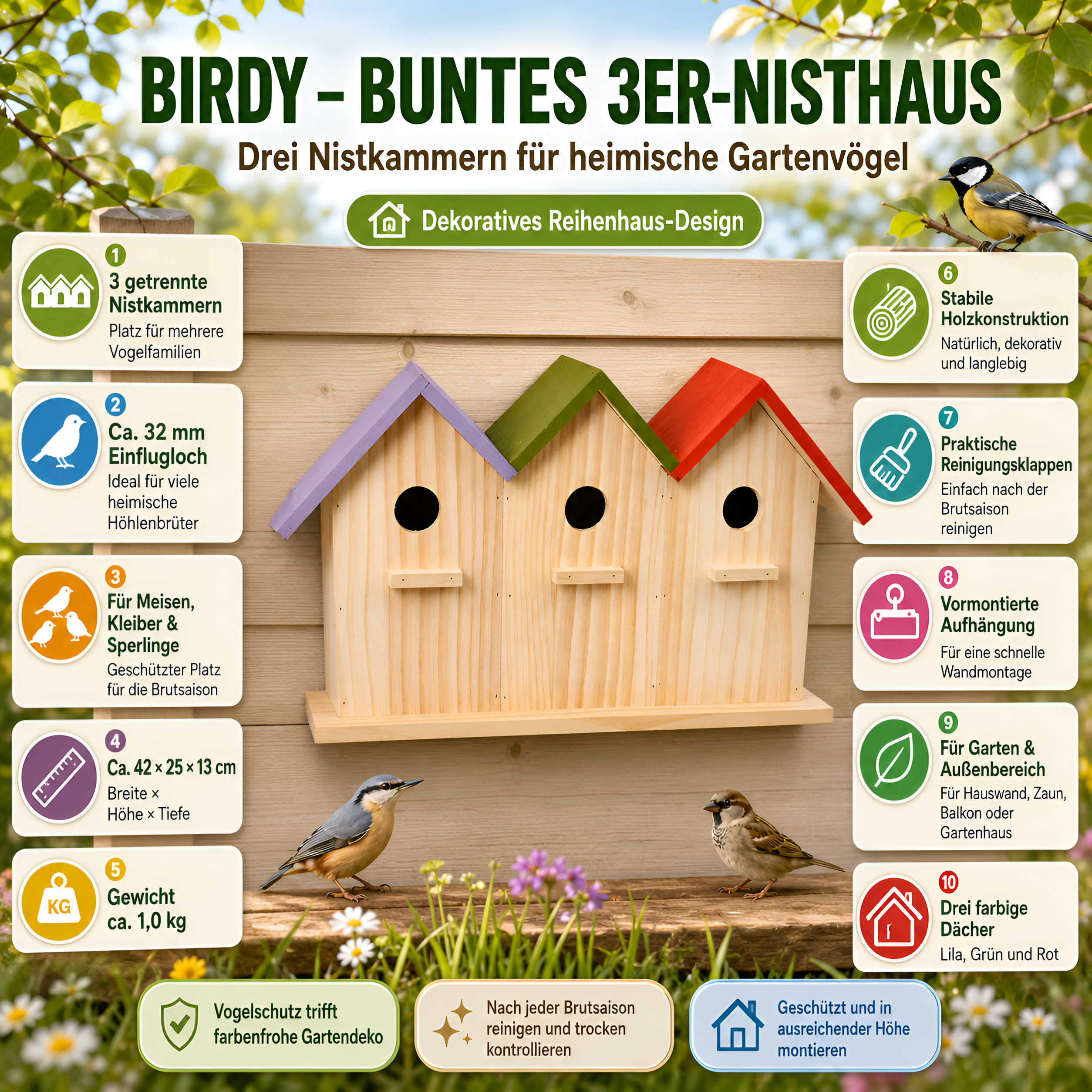 Nisthaus Vogelhaus aus Holz Birdy 3er Reihenhaus Nistkasten für Meisen Gartenvögel