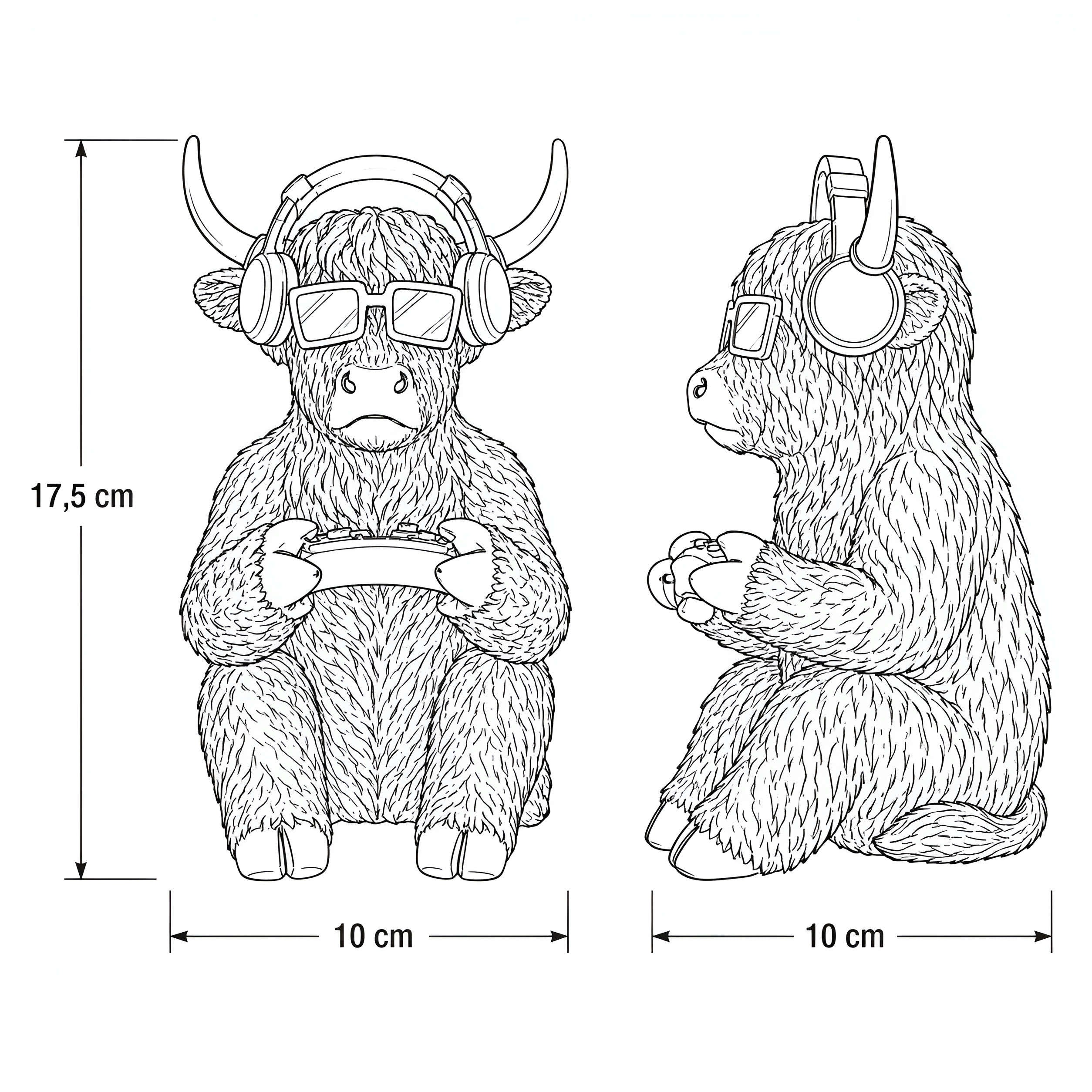 Highland Cattle Figur Gamer Deko Kuh mit Kopfhörer & Controller goldfarben