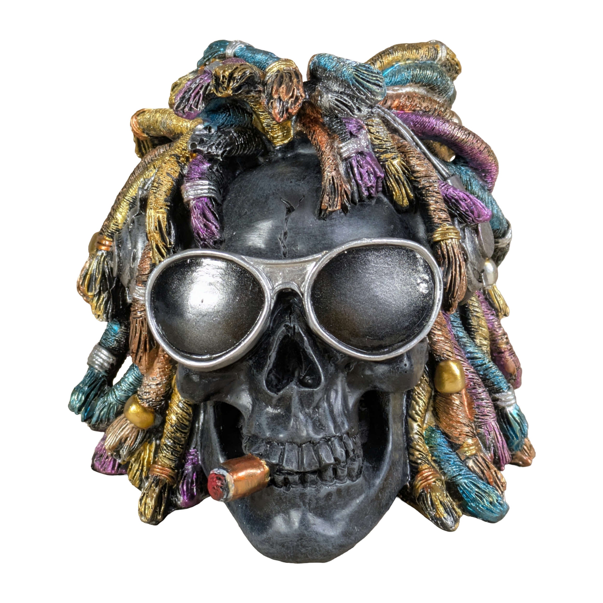 Schädel Deko Rasta Totenkopf Figur mit Sonnenbrille & Dreadlocks