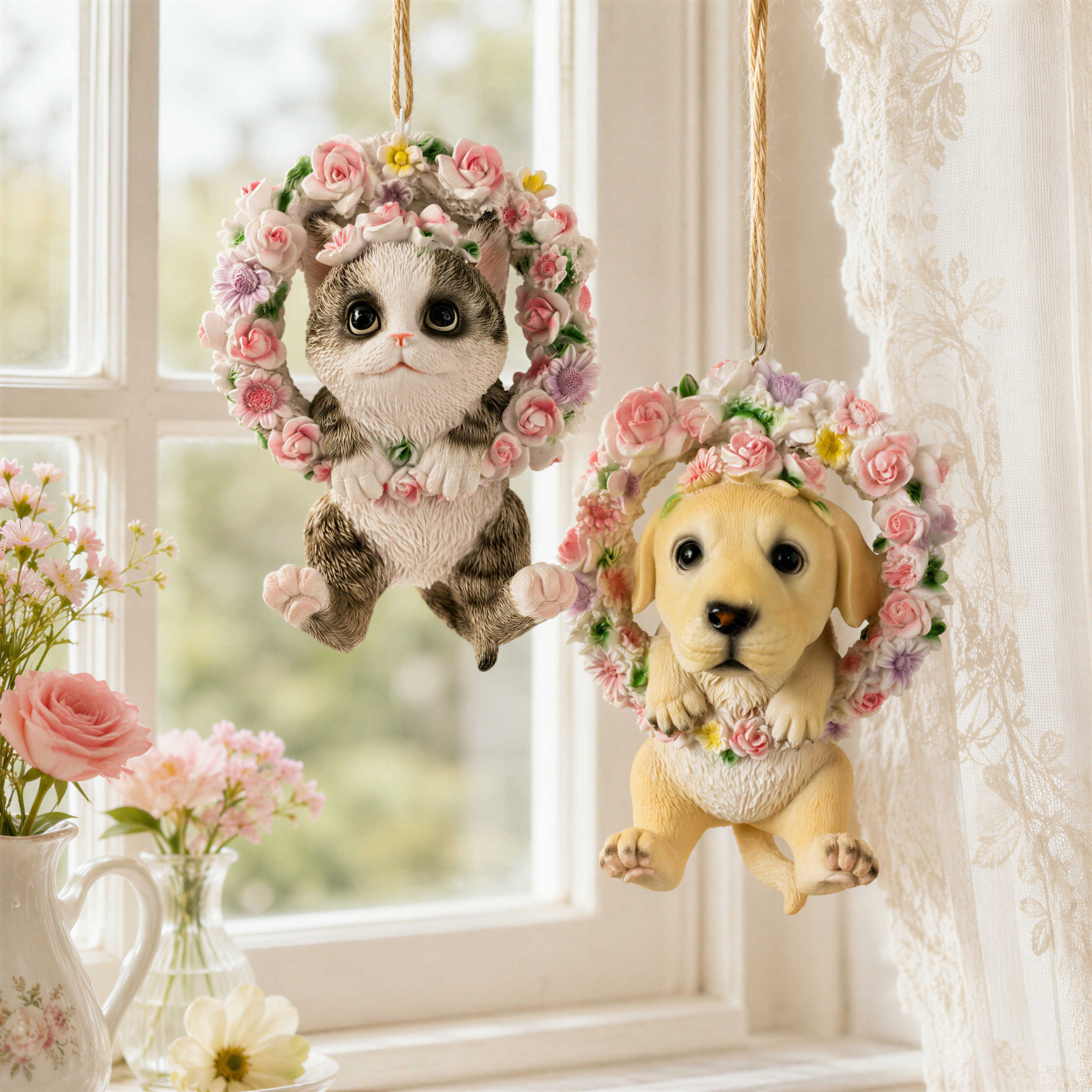 Hängedeko Hund oder Katze im Blumenkranz - Fenster Hängedeko Garten Hänge Deko Ast Katzenfigur Hundefigur