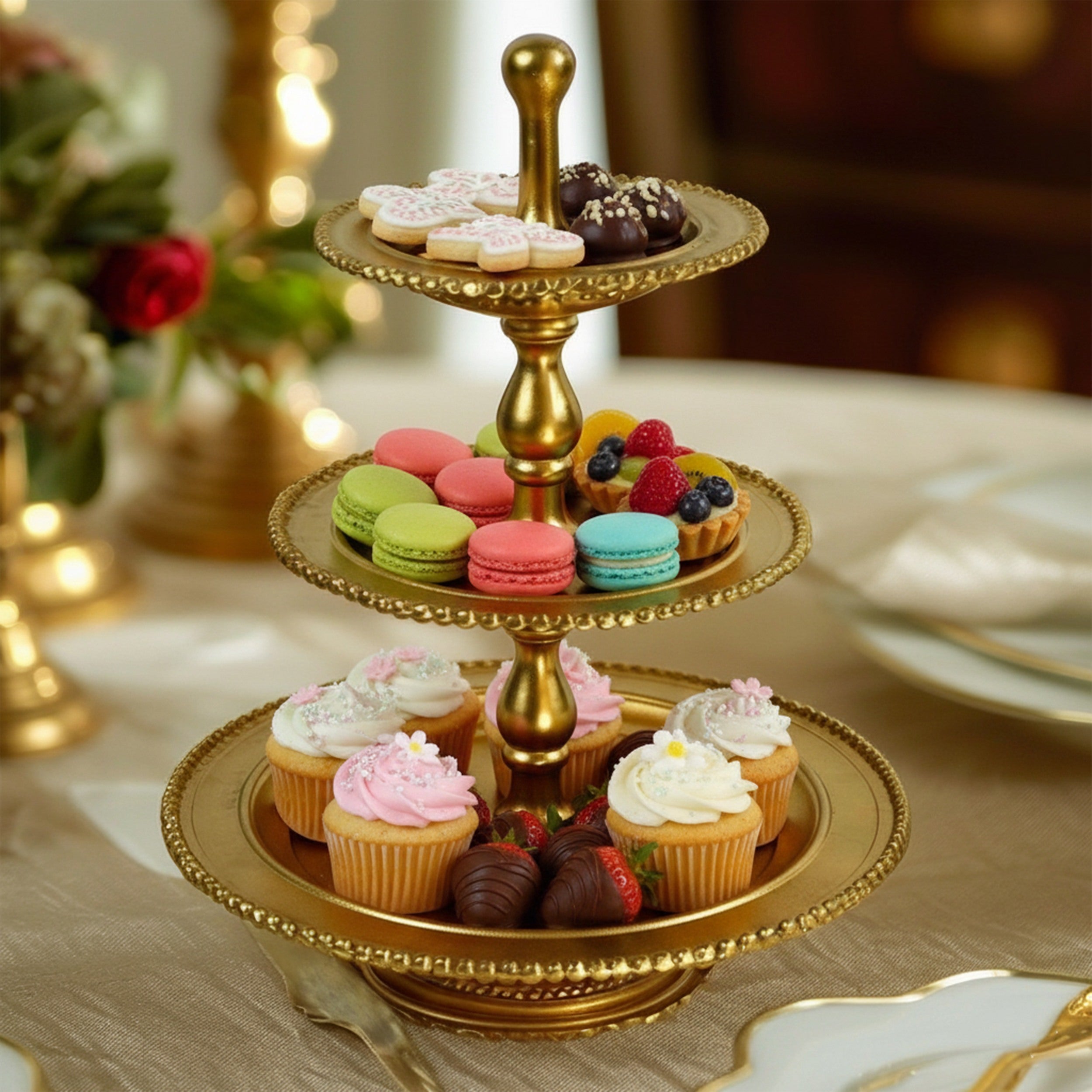 Etagere groß 3-stöckig – Deko Etagere in Gold oder Silber für Tisch, Sideboard & Festtafel