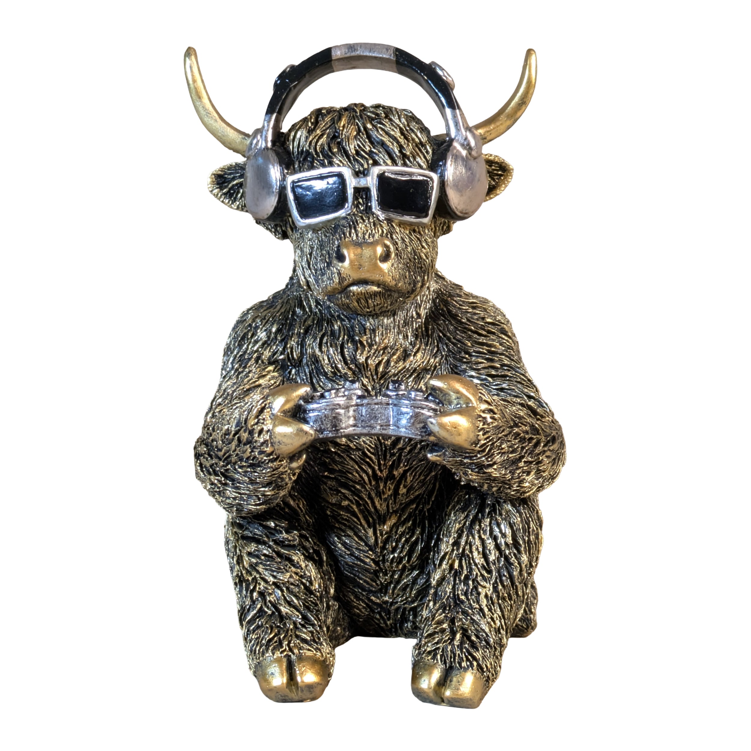 Highland Cattle Figur Gamer Deko Kuh mit Kopfhörer & Controller goldfarben