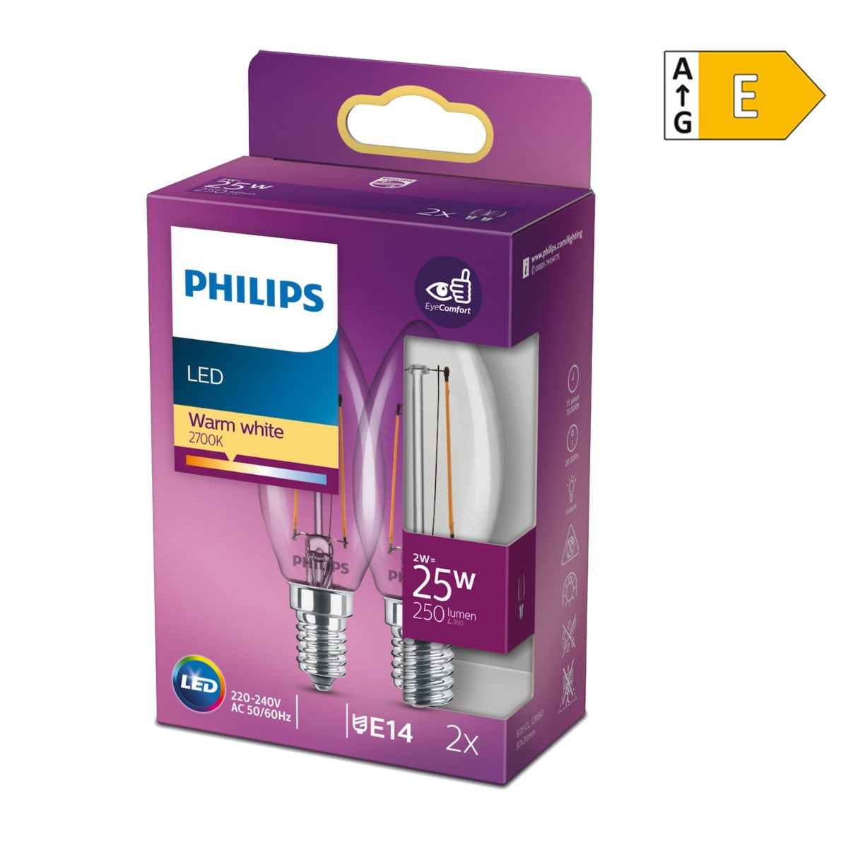 Philips LED Leuchtmittel 2W (25W) warmweiß E14 2er-Pack [Energieklasse E]