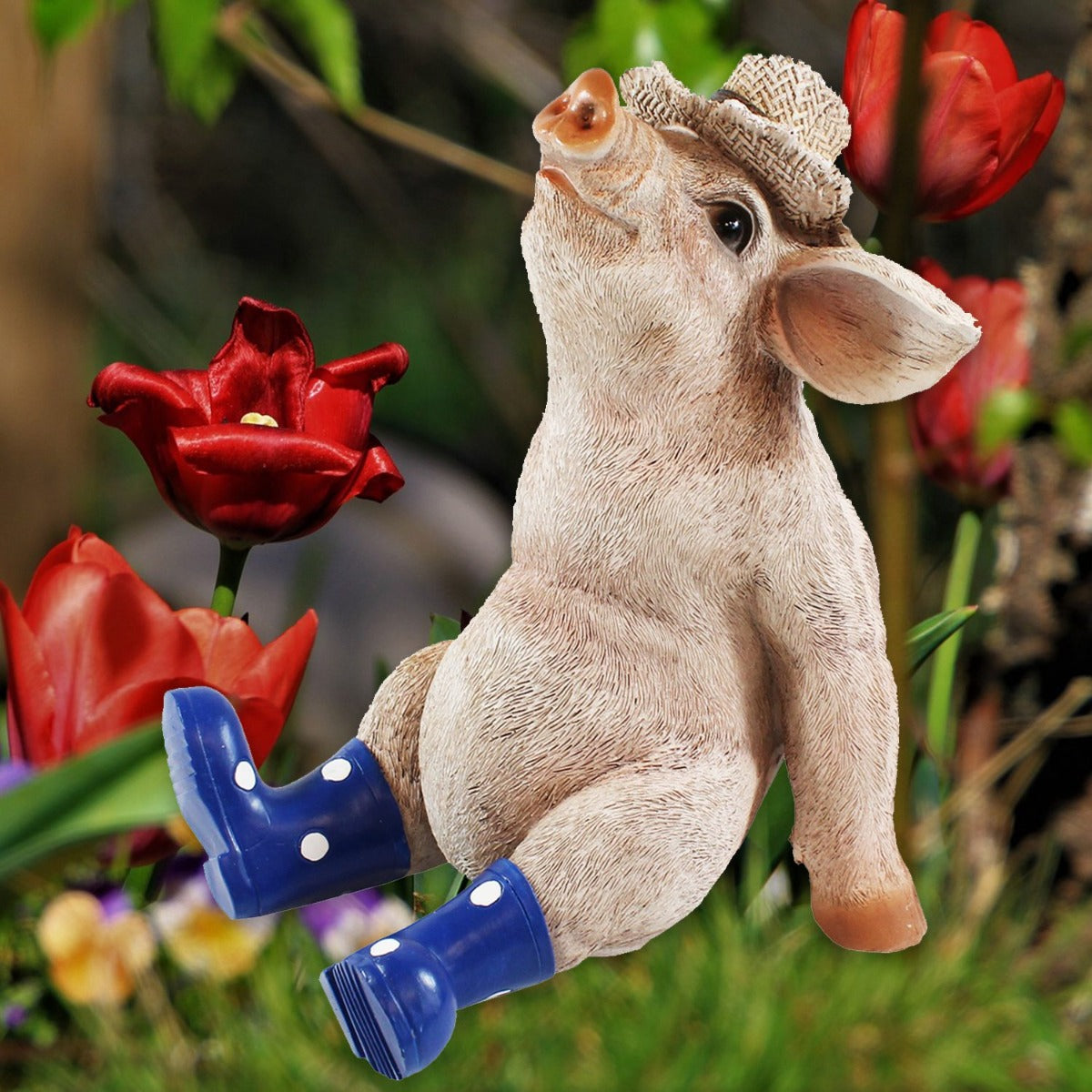 Deko Schwein Erich mit Hut und blauen Stiefel Schweine Figuren Garten Dekofigur Schweinchen
