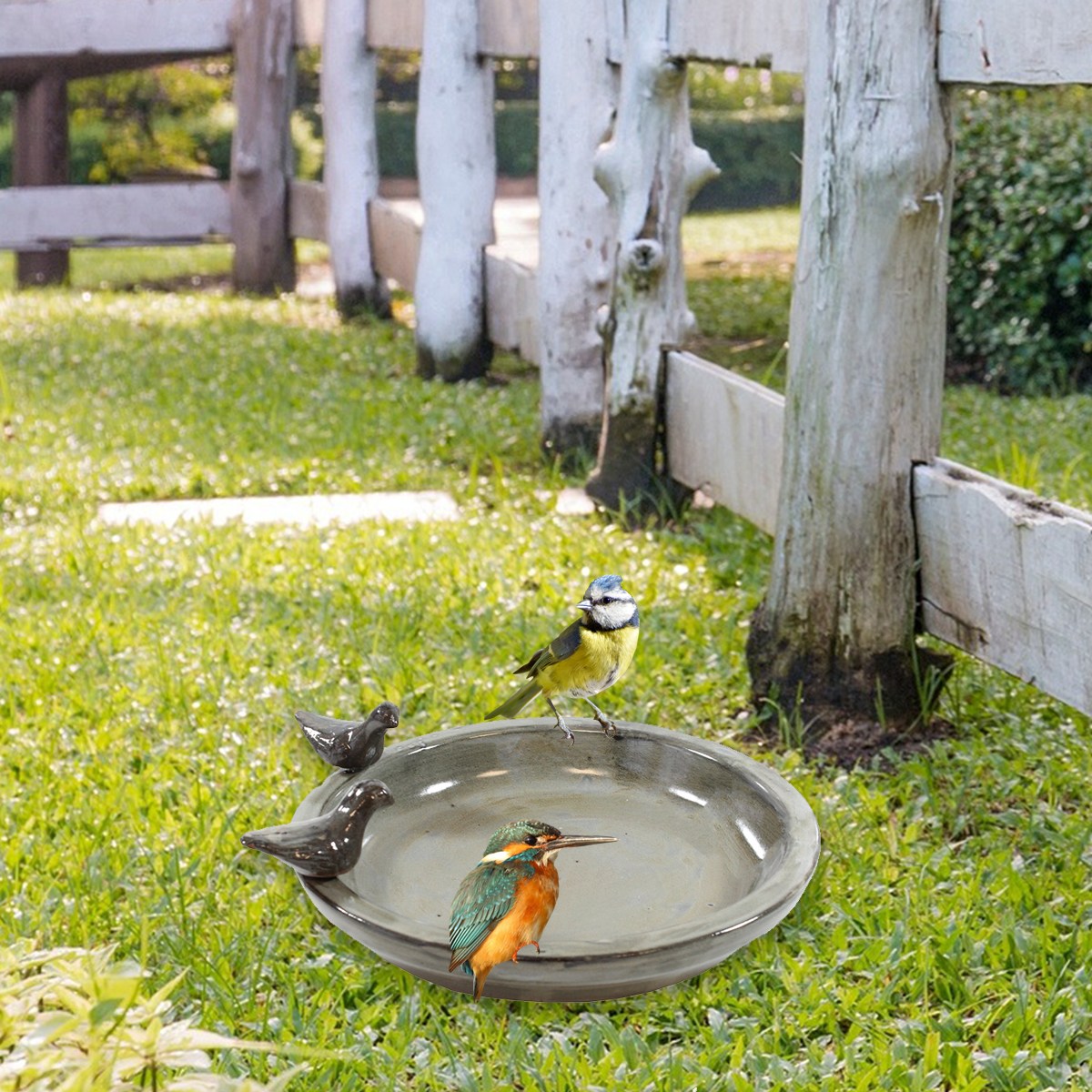 colourliving Vogeltränke für den Garten 30 cm grau Keramik Vogeltränke rund Vogelbad Garten
