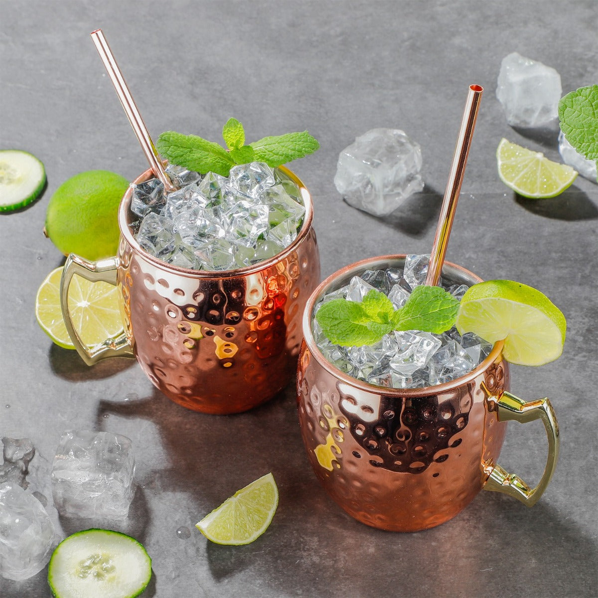 Moscow Mule Becher 2er Set Edelstahl in Kupfer Optik mit 2 Trinkhalmen 500 ml Kupferbecher Cocktail