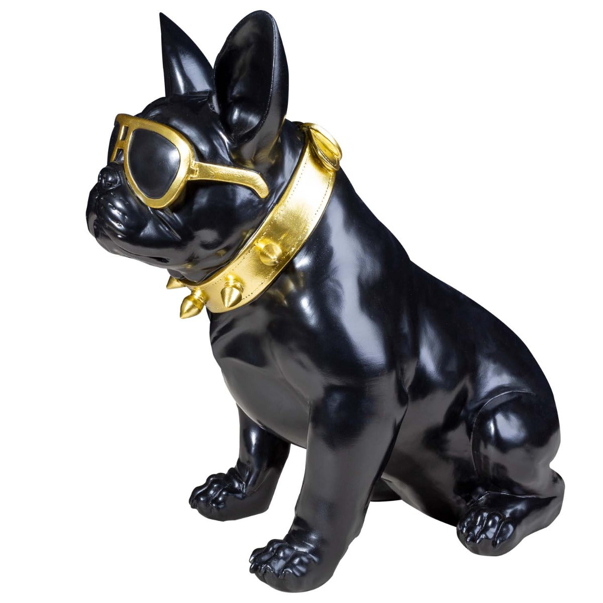 Französische Bulldogge Deko Hundefigur Siggi klein mit Brille und Nietenhalsband Deko Bulldogge schwarz