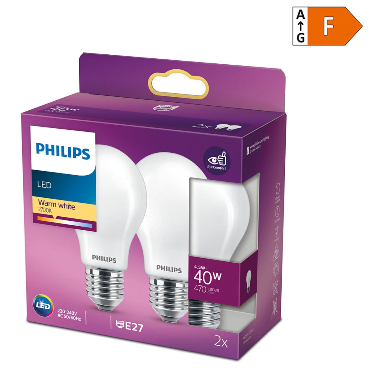 Philips LED Leuchtmittel 2er Pack E27 4.5W (40W) warmweiß [Energieklasse F]