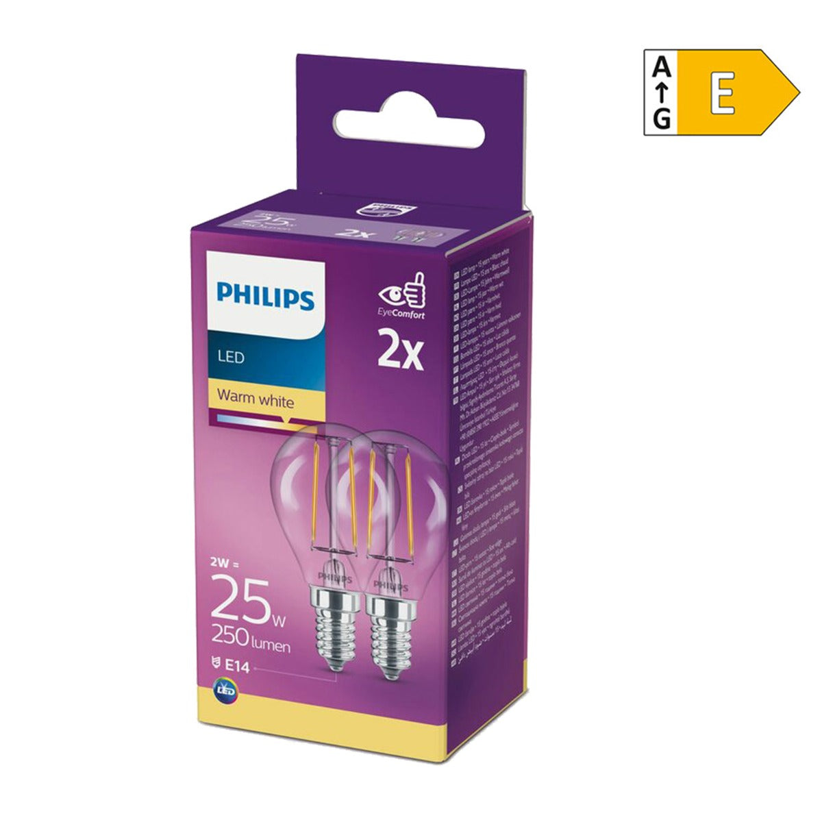 Philips LED Leuchtmittel 2W (25W) warmweiß 2er-Pack E14 [Energieklasse E]