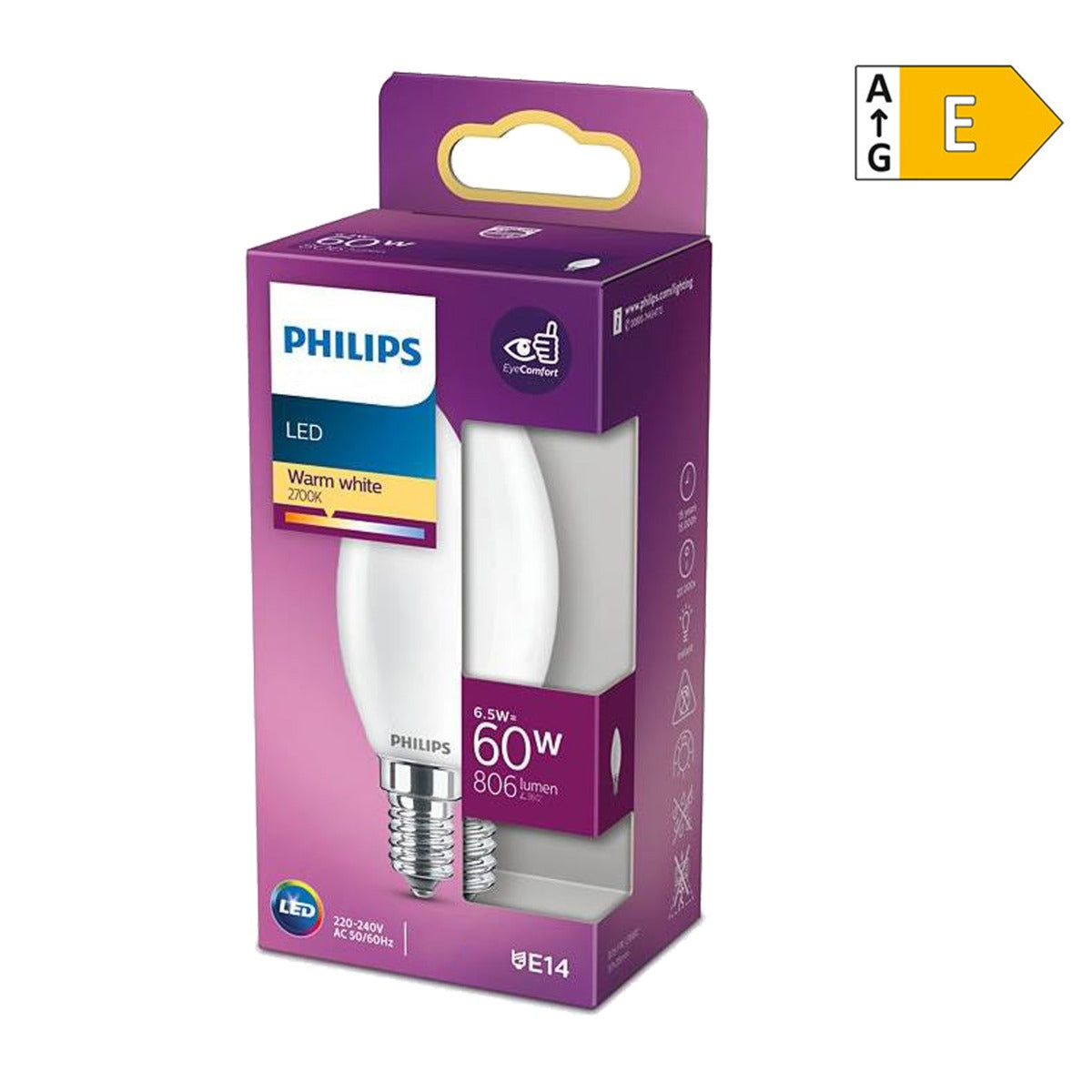 Philips LED Leuchtmittel 6,5W (60W) warmweiß E14 [Energieklasse E]