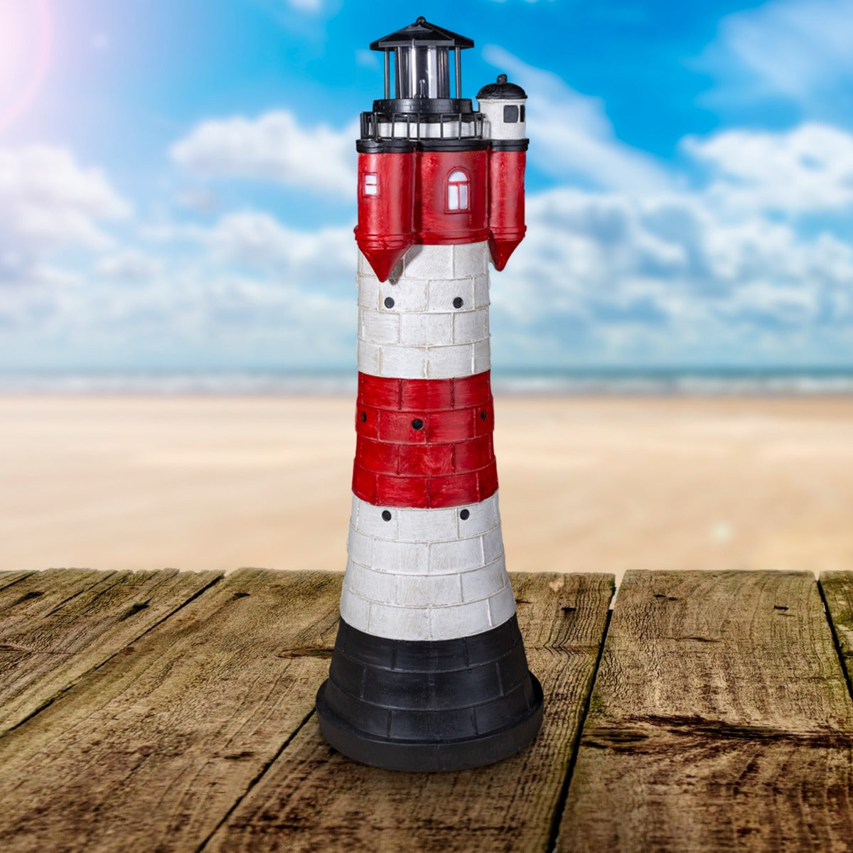 Leuchtturm Roter Sand Solar Leuchtturm 80 cm Maritime Deko LED Beleuchtung blinkend